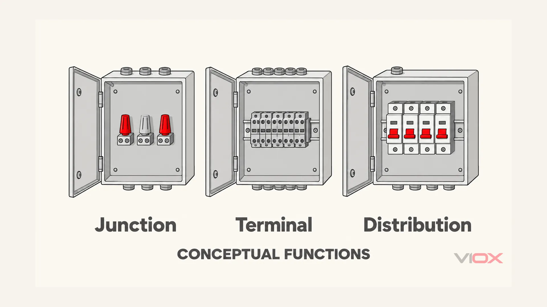 Tre concetti di custodie aperte che confrontano hardware di connessione, morsettiere organizzate e un banco di dispositivi di protezione.