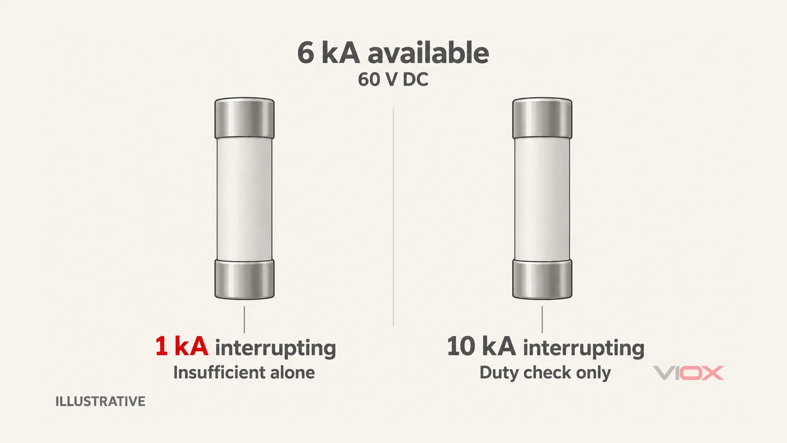 Hypothetical comparison of two branch fuses with interrupt ratings of 1 kA and 10 kA against the same 6 kA available fault current.