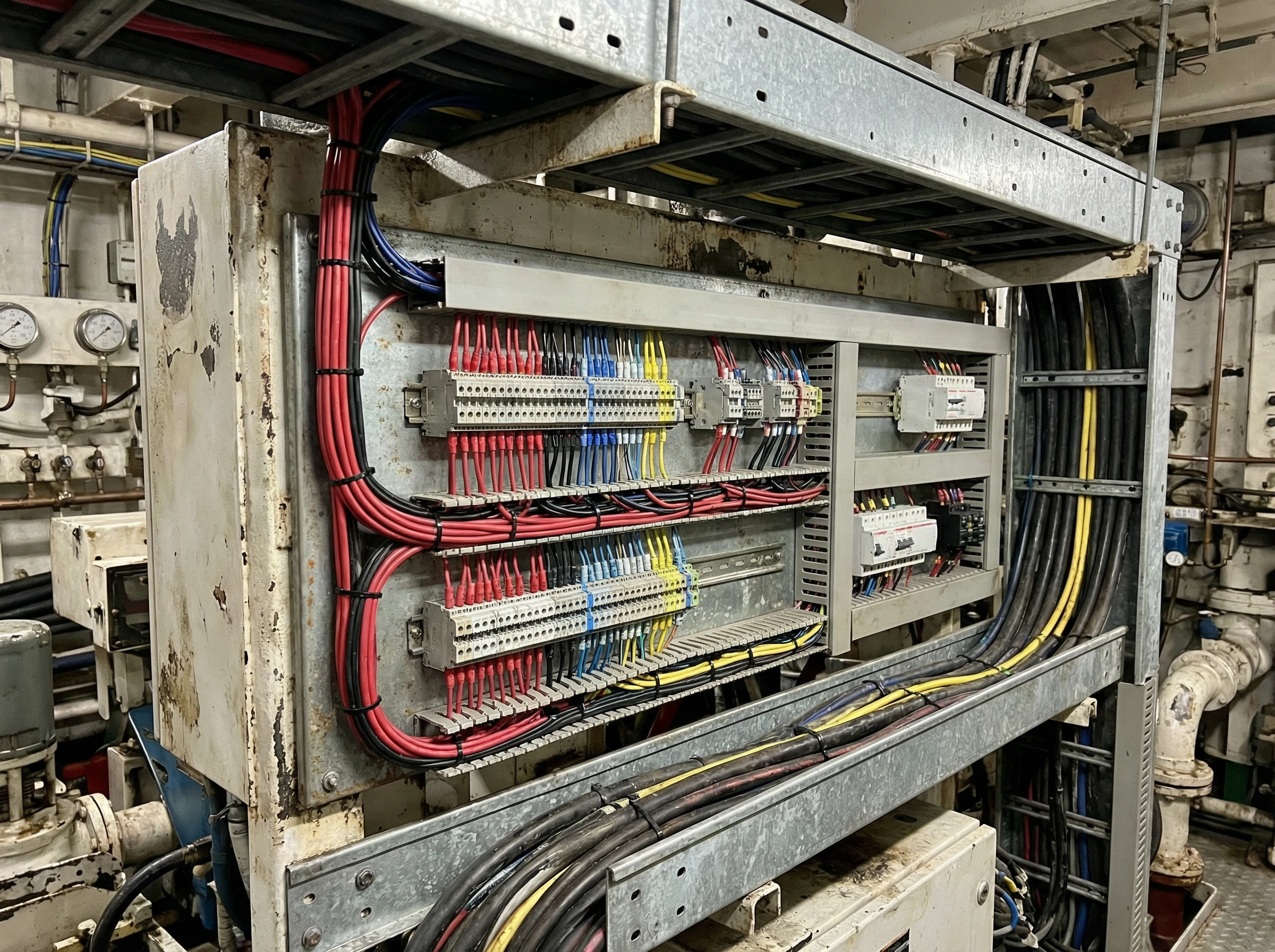 Marine terminal blocks installed in ship engine room electrical panel