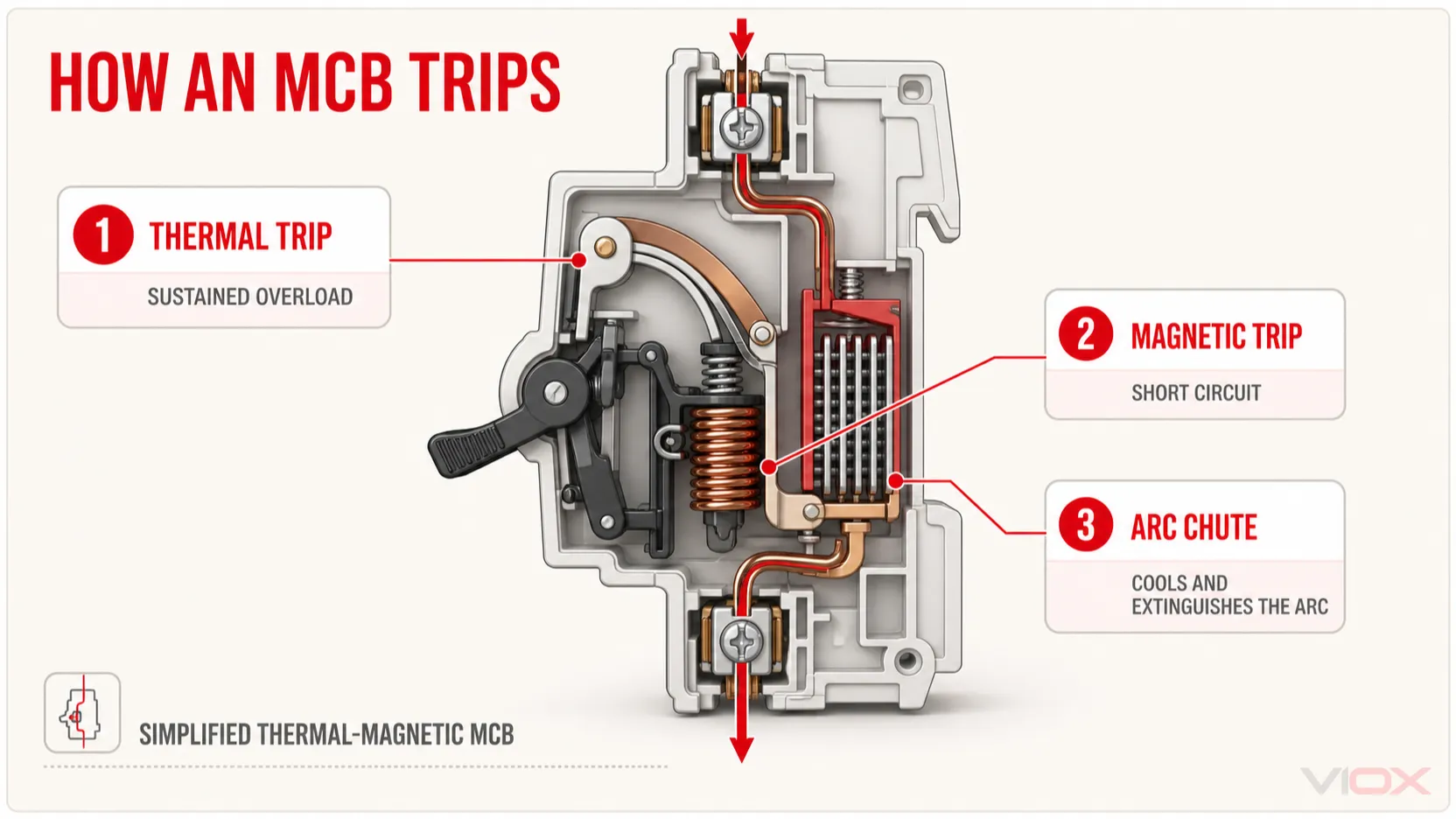 MCB working principle showing thermal trip, magnetic trip, and arc chute