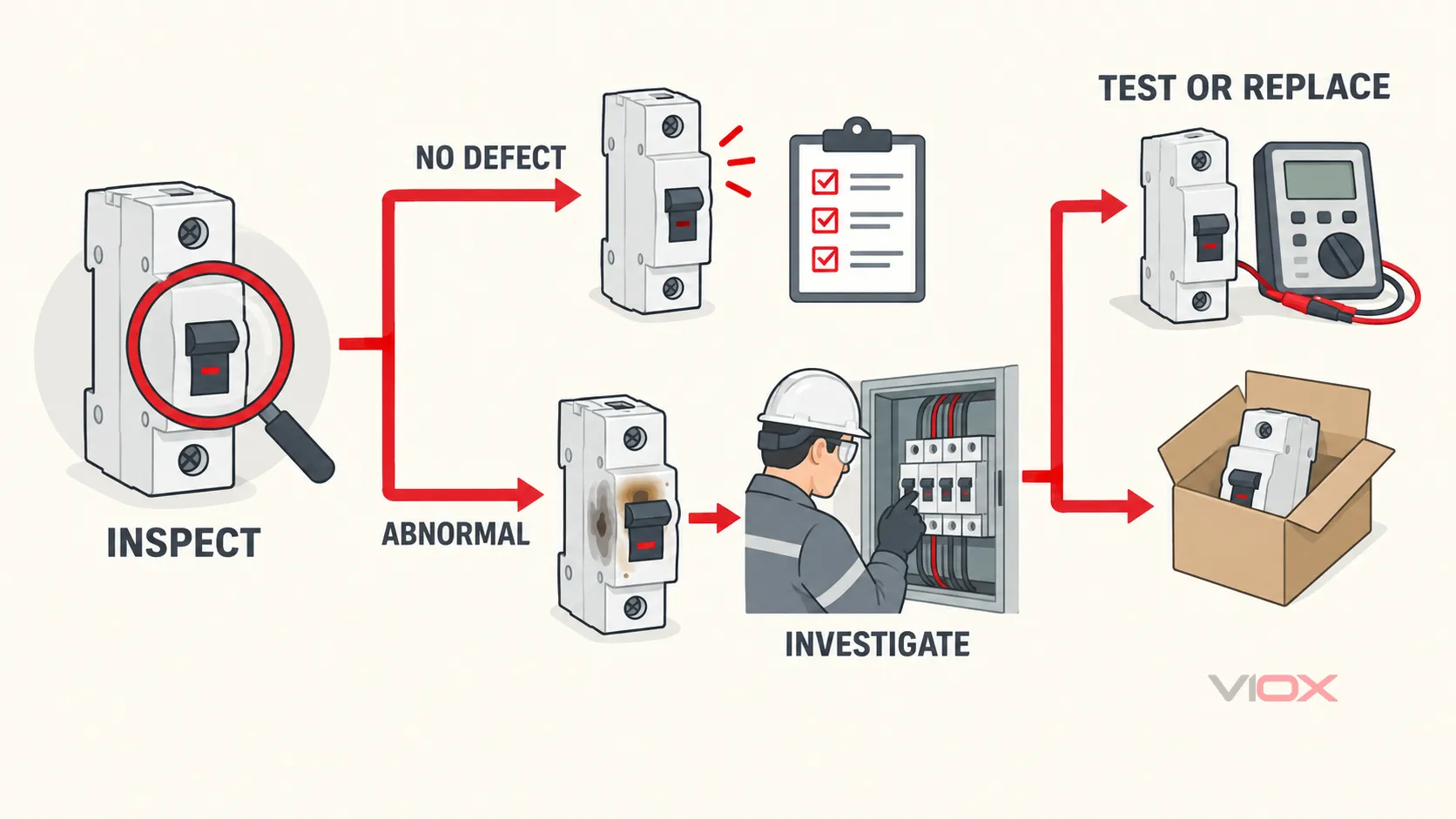 MCB maintenance decision path from inspection to investigation, testing, or replacement