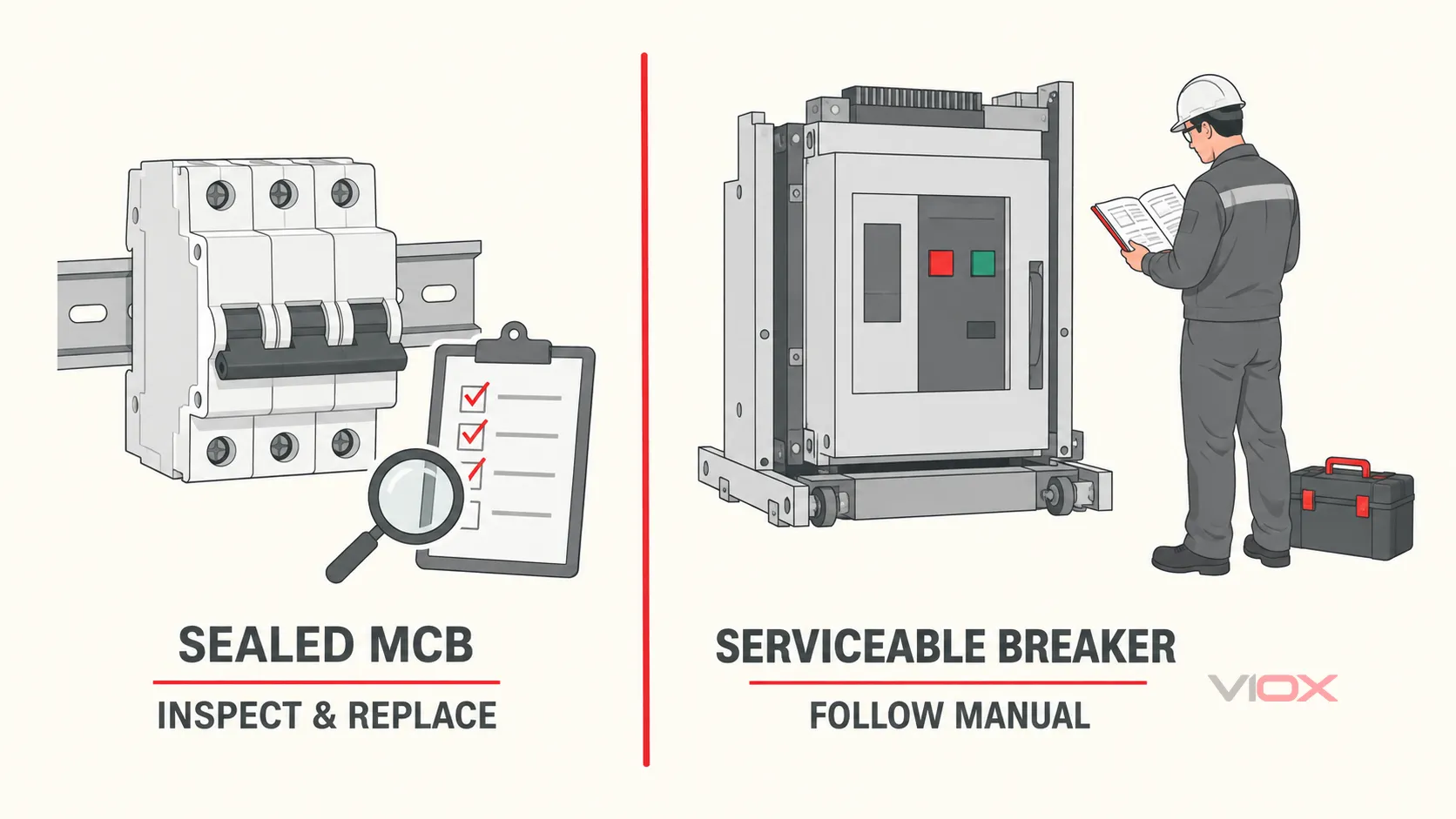 Sealed MCB inspection and replacement compared with serviceable power circuit breaker maintenance