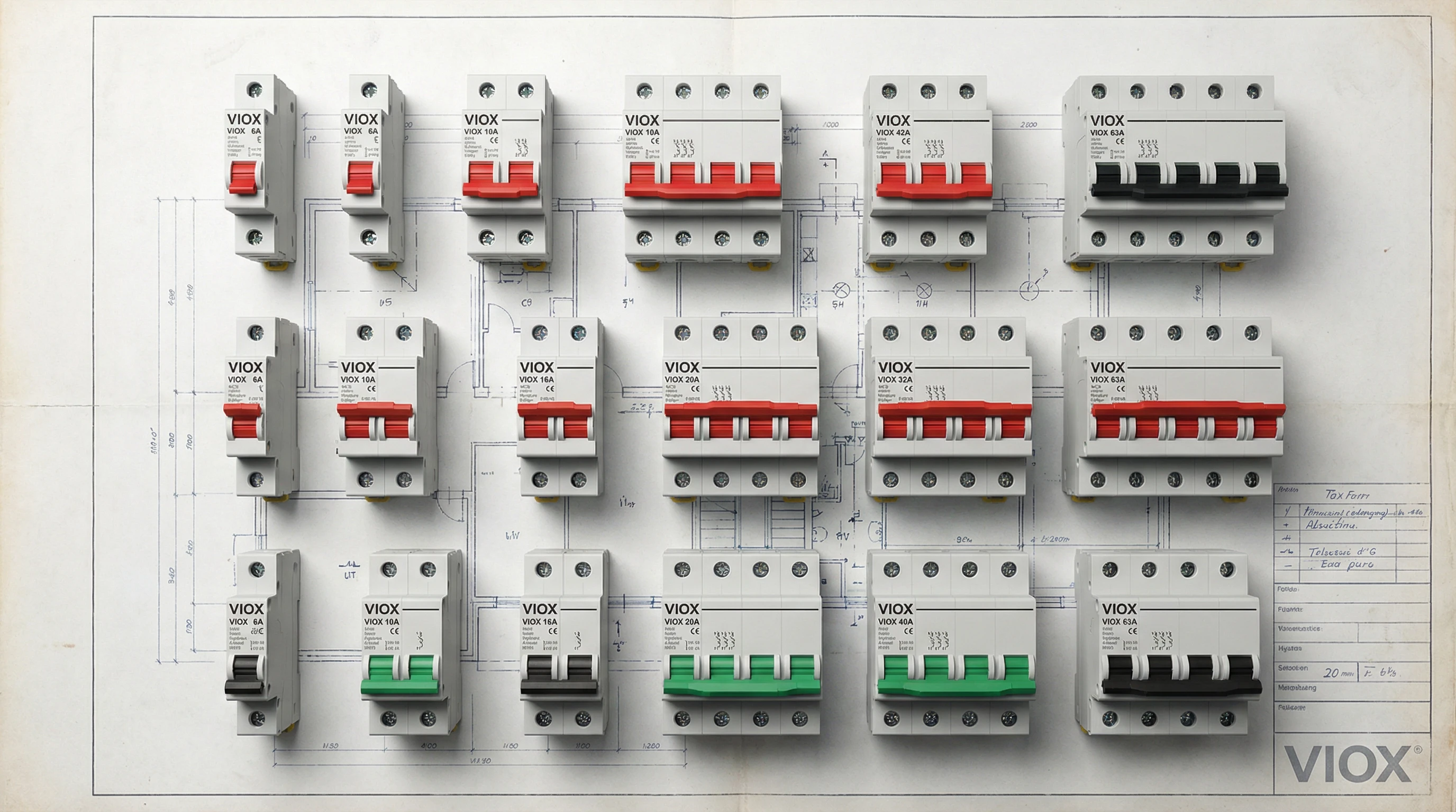 B2B ဝယ်သူများအတွက် အမျိုးမျိုးသော လျှပ်စီးကြောင်းအဆင့်များနှင့် သတ်မှတ်ချက်များကို ပြသထားသော Viox Electric မှ MCB အသေးစား ဆားကစ်ဘရိတ်ကာများ