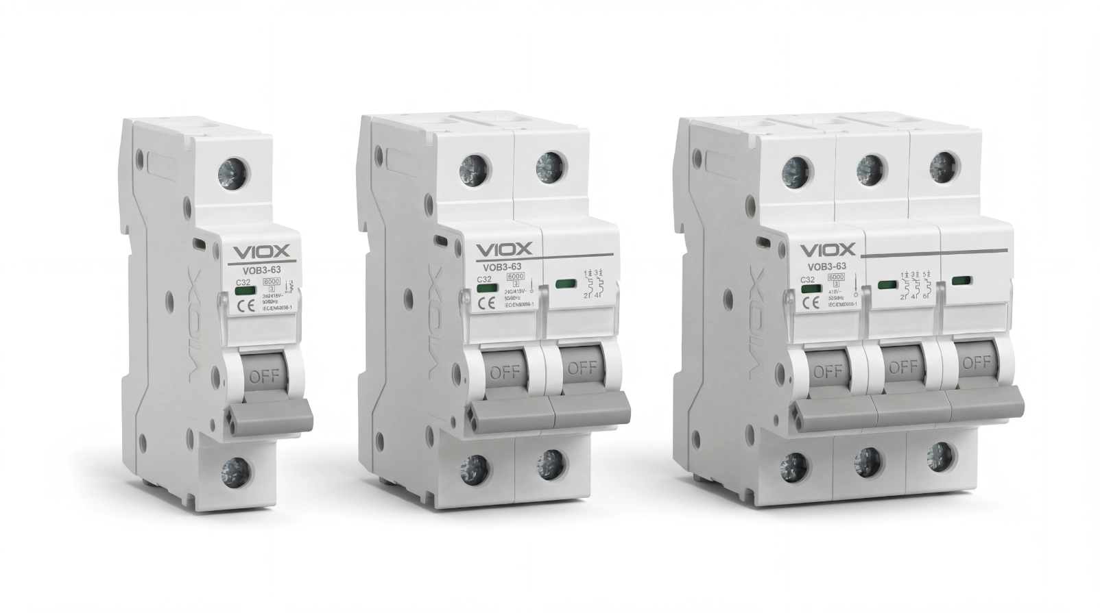 VIOX VOB3-63 Miniature Circuit Breaker (MCB) series including 1P, 2P, and 3P models