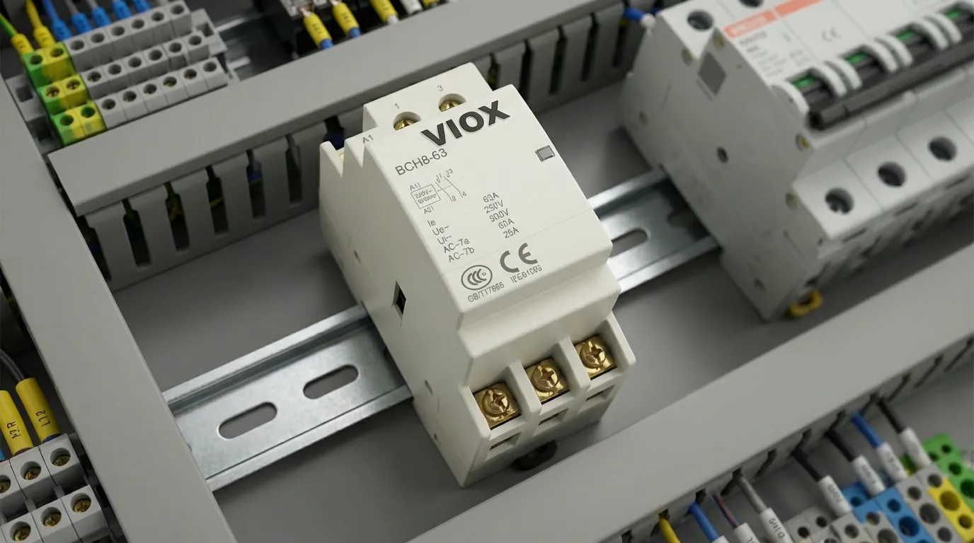 Kontaktor modular VIOX BCH8-25 dengan konfigurasi kutub 2P dipasang pada rel DIN 35mm dalam panel kawalan industri, menunjukkan lebar modul padat 18mm dan terminal sesentuh perak