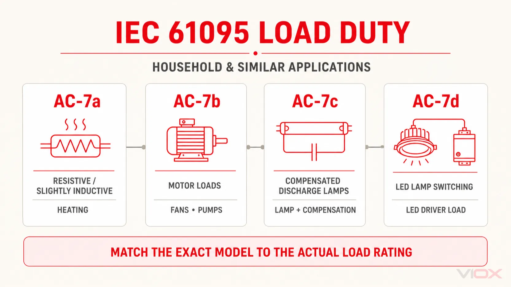 IEC 61095 AC-7a, AC-7b, AC-7c, and AC-7d load-duty application comparison.