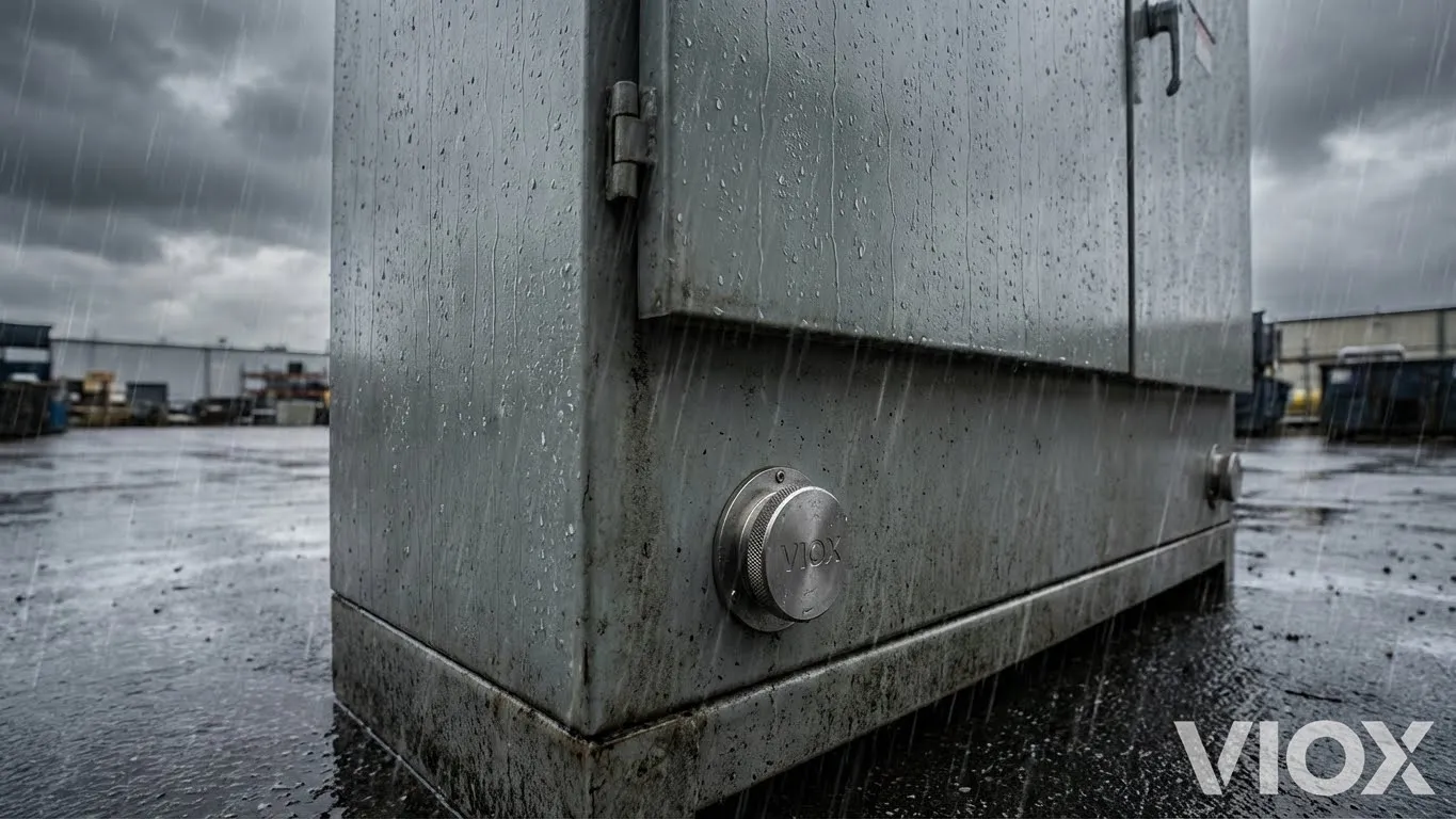 Outdoor industrial electrical cabinet in rain fitted with a VIOX Breather Vent Plug