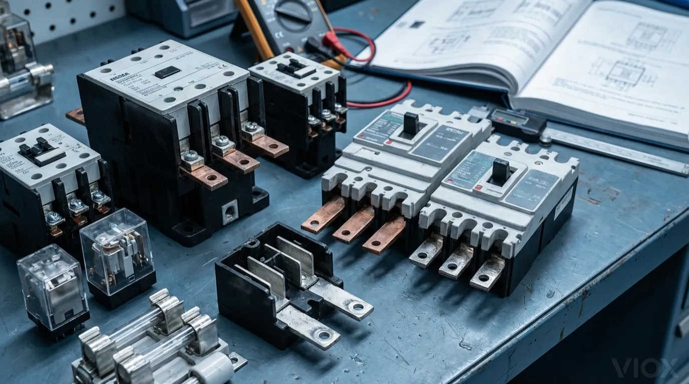 Komponen elektrik perindustrian yang menunjukkan titik sesentuh perak dalam kontaktor, pemutus litar dan geganti di atas bangku kerja profesional
