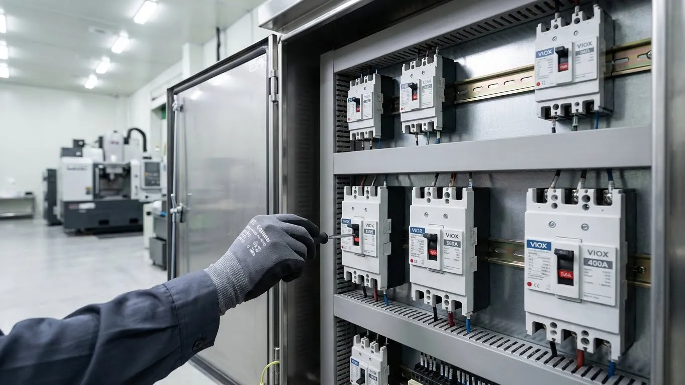 แผงไฟฟ้าอุตสาหกรรมที่มี VIOX MCCB หลายตัวแสดงขนาดเฟรมและป้ายพิกัดที่แตกต่างกันระหว่างการติดตั้ง