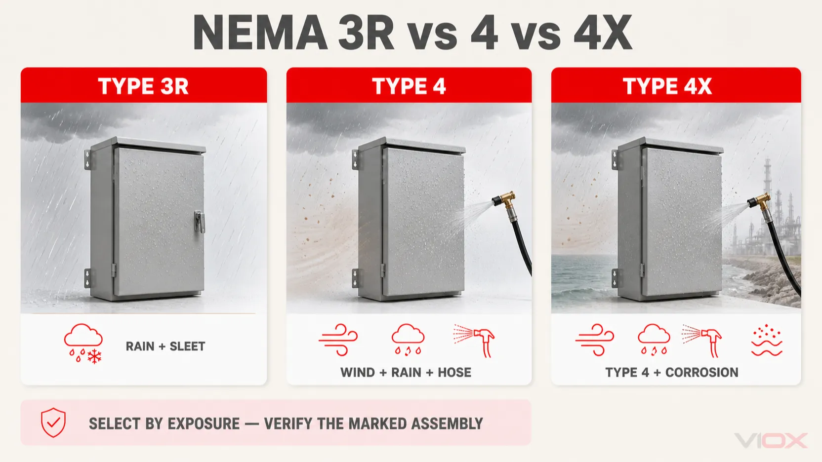 Сравнение условий эксплуатации для корпусов NEMA типа 3R, типа 4 и типа 4X