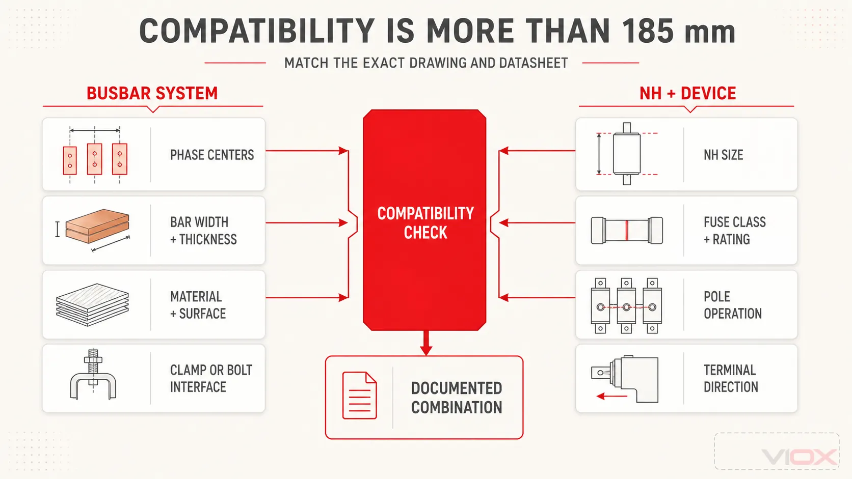 Busbar geometry and NH fuse-link compatibility checks for a vertical fuse switch disconnector
