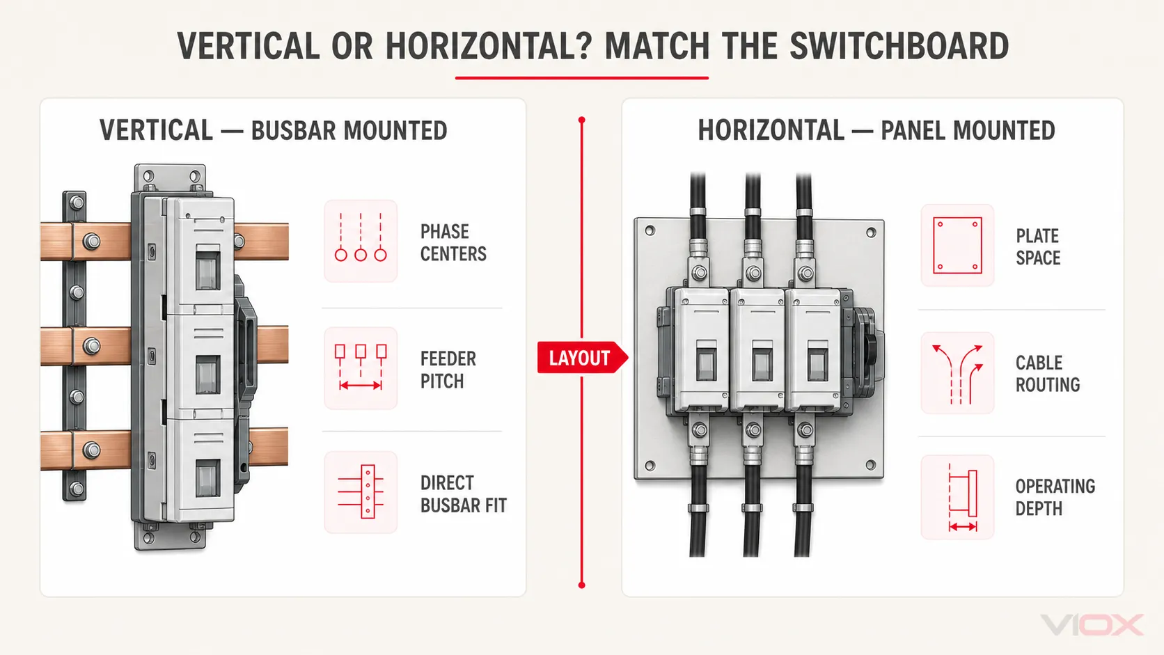 Vertical busbar-mounted and horizontal panel-mounted fuse switch-disconnector layouts