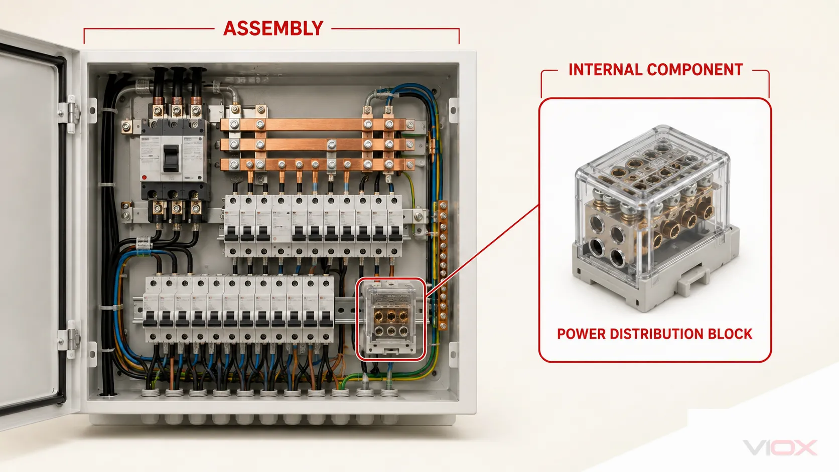 System boundary showing a power distribution board as an assembly and a power distribution block as one internal component