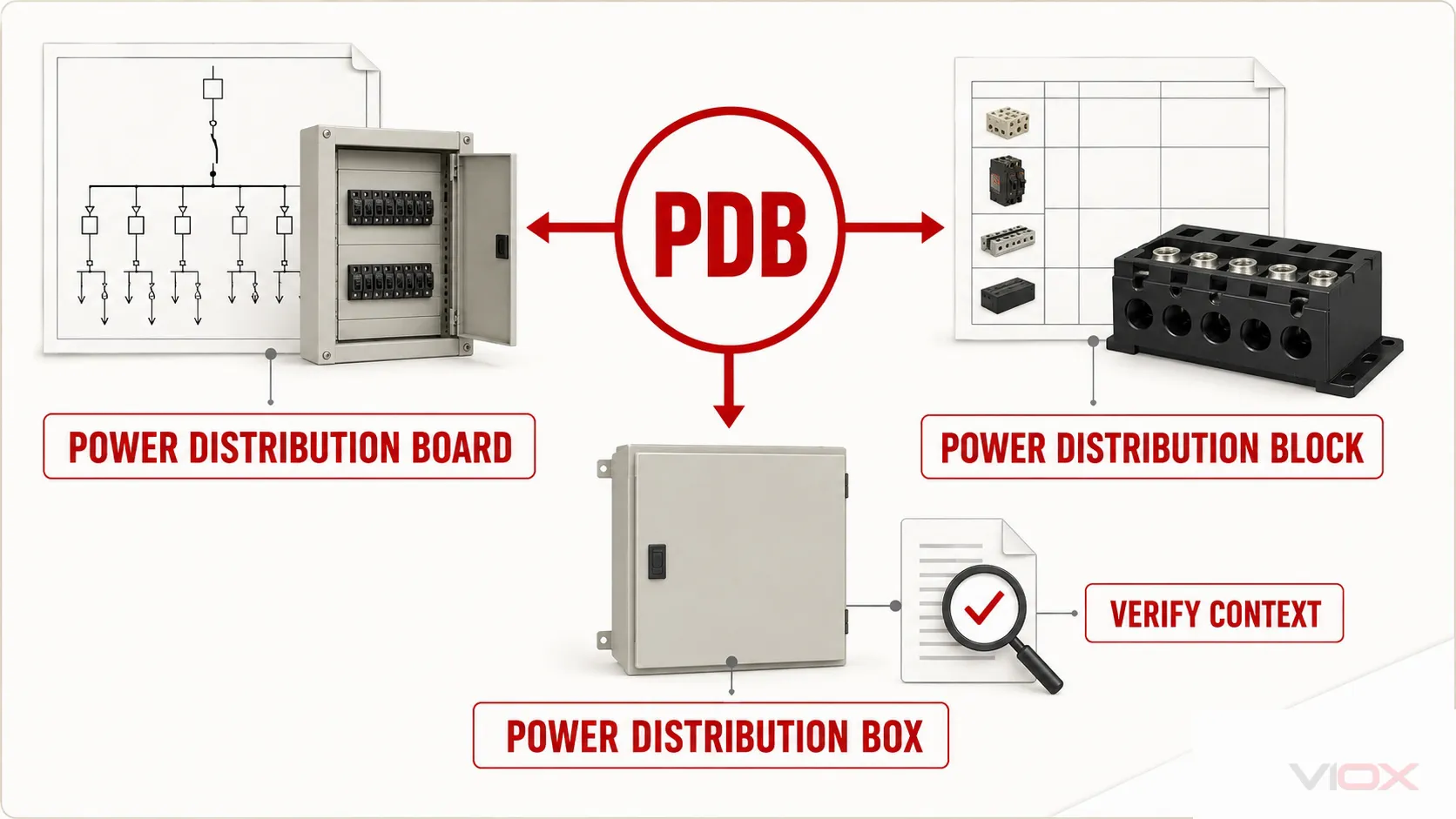 PDB terminology map showing Power Distribution Board, Power Distribution Block, and Power Distribution Box contexts