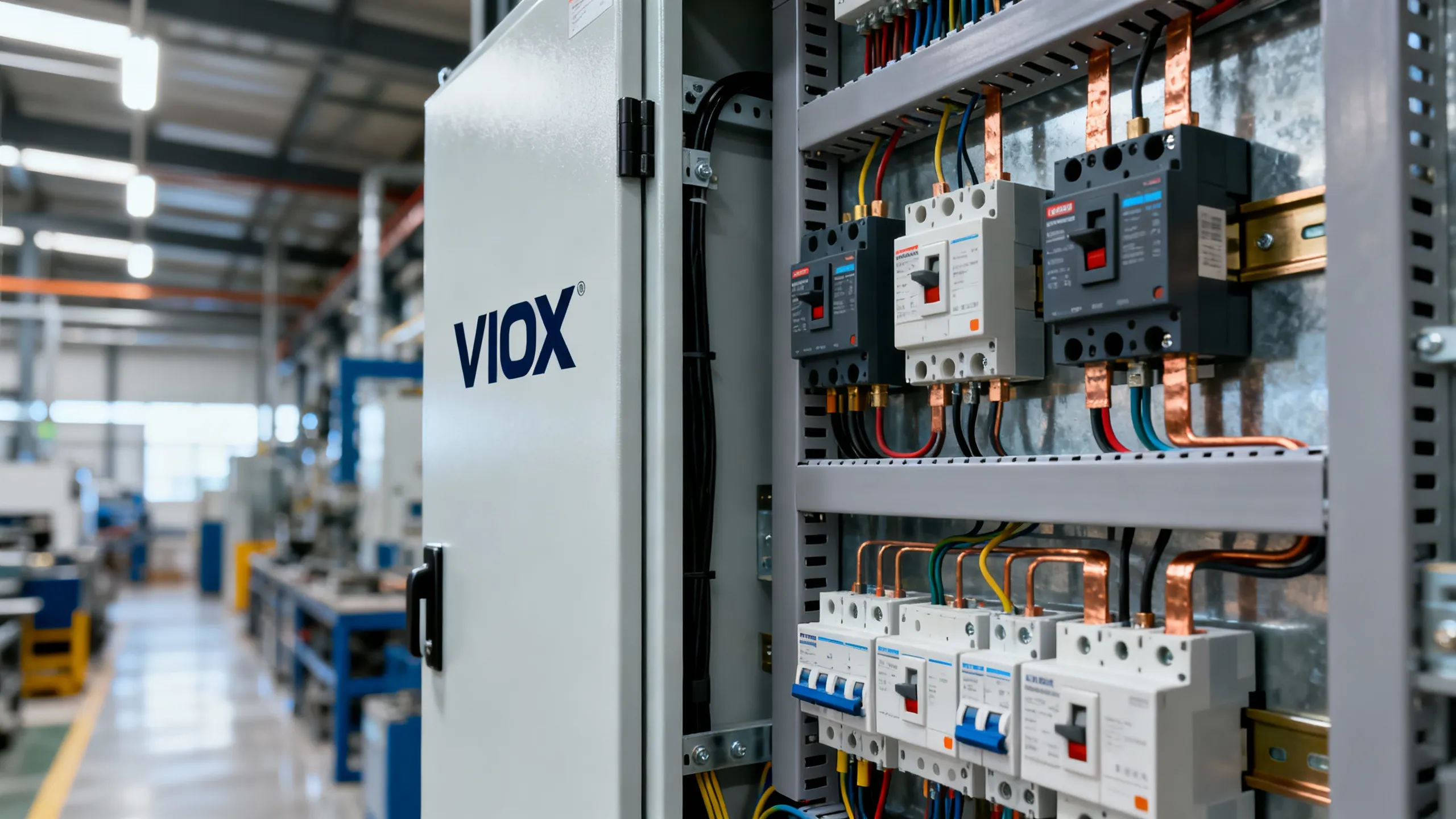 ແຜງແຈກຢາຍໄຟຟ້າອຸດສາຫະກຳທີ່ຄ້າຍຄືກັບຮູບຖ່າຍໃນສະຖານທີ່ການຄ້າທີ່ທັນສະໄໝ ເຊິ່ງສະແດງໃຫ້ເຫັນເຖິງເຄື່ອງຕັດວົງຈອນ, RCDs, ແລະ ອຸປະກອນປ້ອງກັນແຮງດັນເກີນທີ່ຕິດຕັ້ງຢູ່ເທິງລາງ DIN ທີ່ມີຍີ່ຫໍ້ VIOX, ສະແດງໃຫ້ເຫັນເຖິງການຕິດຕັ້ງແບບມືອາຊີບຂອງສາມເສົາຫຼັກຂອງຄວາມປອດໄພທາງໄຟຟ້າ