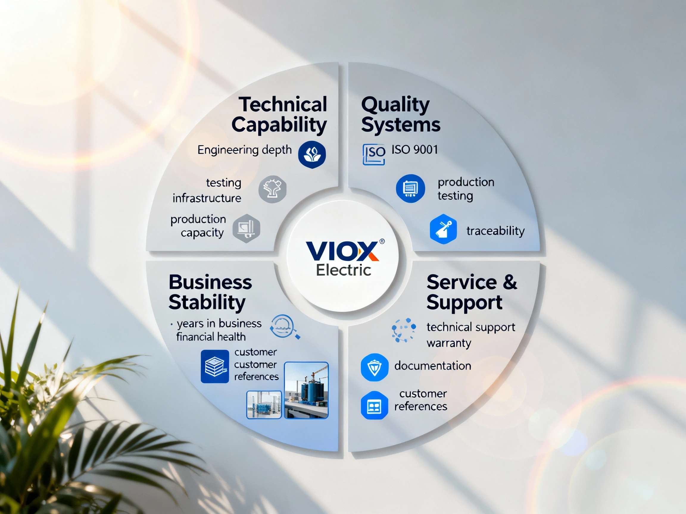 Professional B2B supplier evaluation four-quadrant framework infographic with VIOX Electric branding