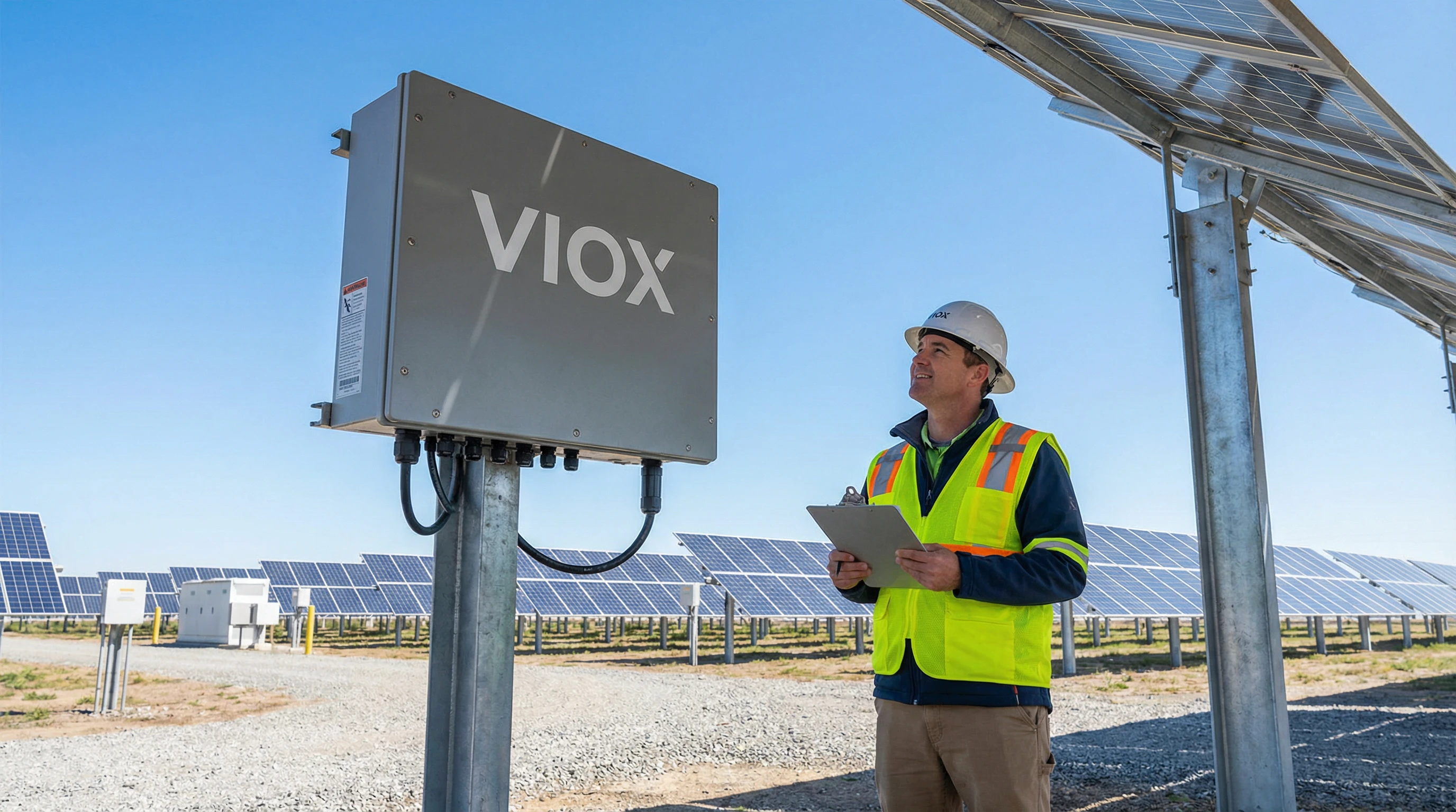 Pemeriksa elektrik profesional memakai ves keselamatan dan topi keledar menyemak pemasangan kotak penyambung solar VIOX di ladang solar komersial yang besar. Logo VIOX kelihatan pada peralatan, barisan panel solar di latar belakang di bawah langit biru.