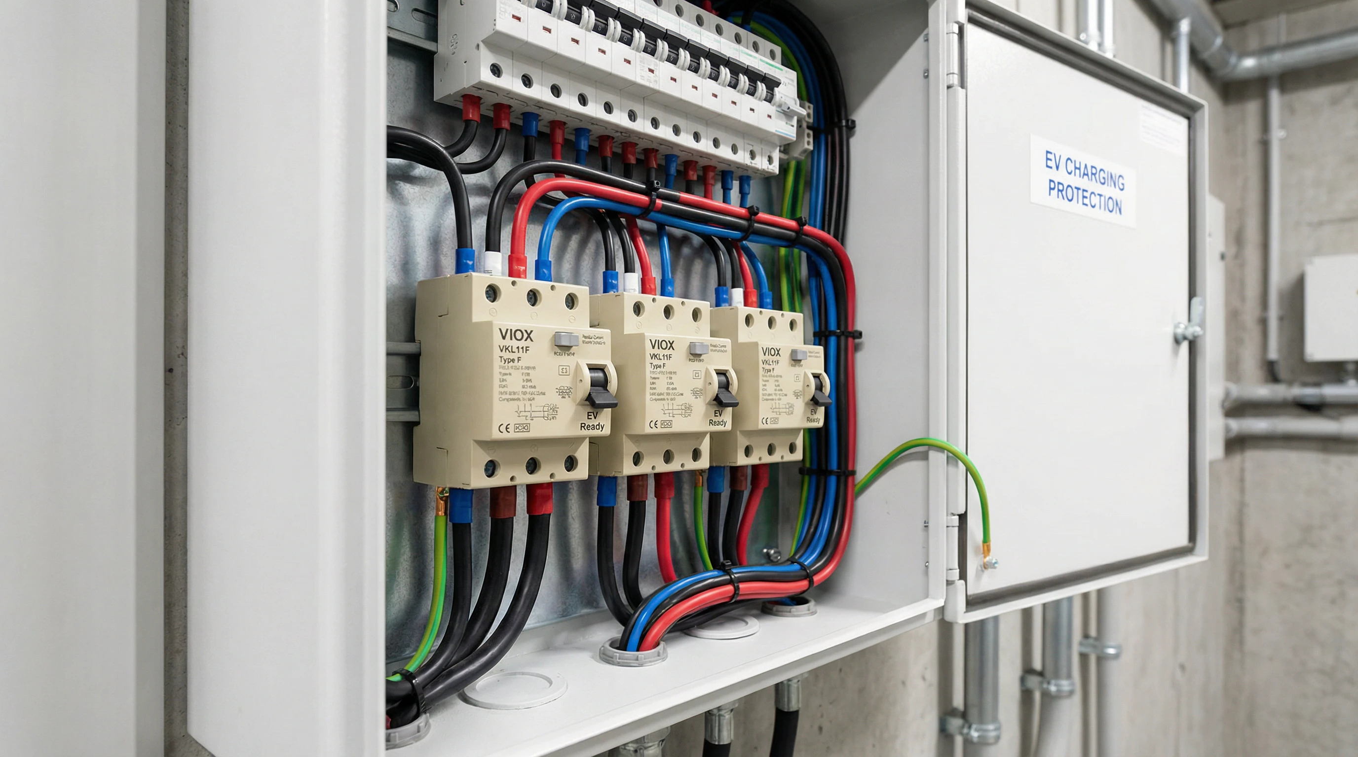 複数のVIOX VKL11F F型RCCBを示す専門的な電気パネルの設置