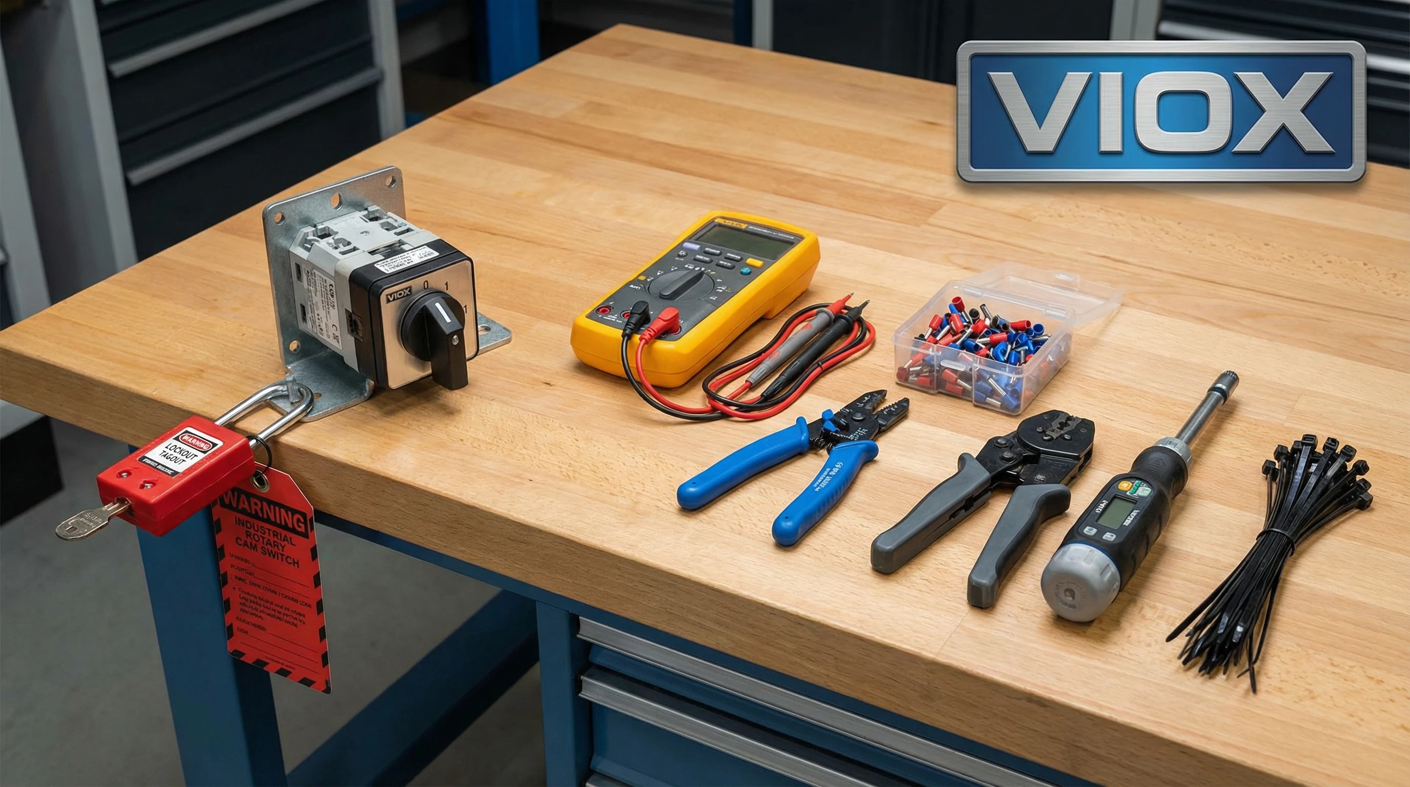 Banco da lavoro professionale per officina elettrica che mostra strumenti di sicurezza e cablaggio