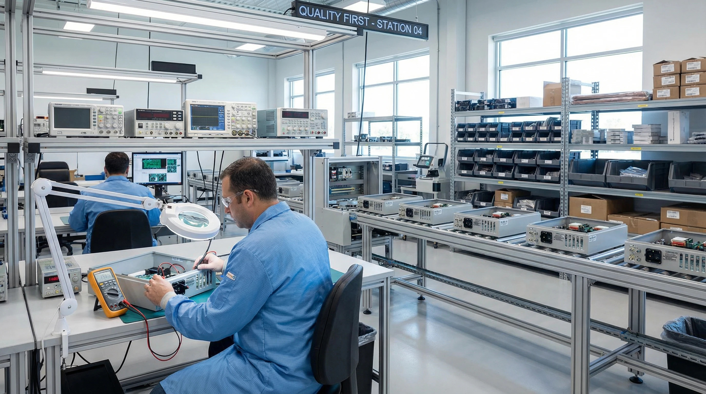 Professional factory quality control scene with combiner box manufacturing