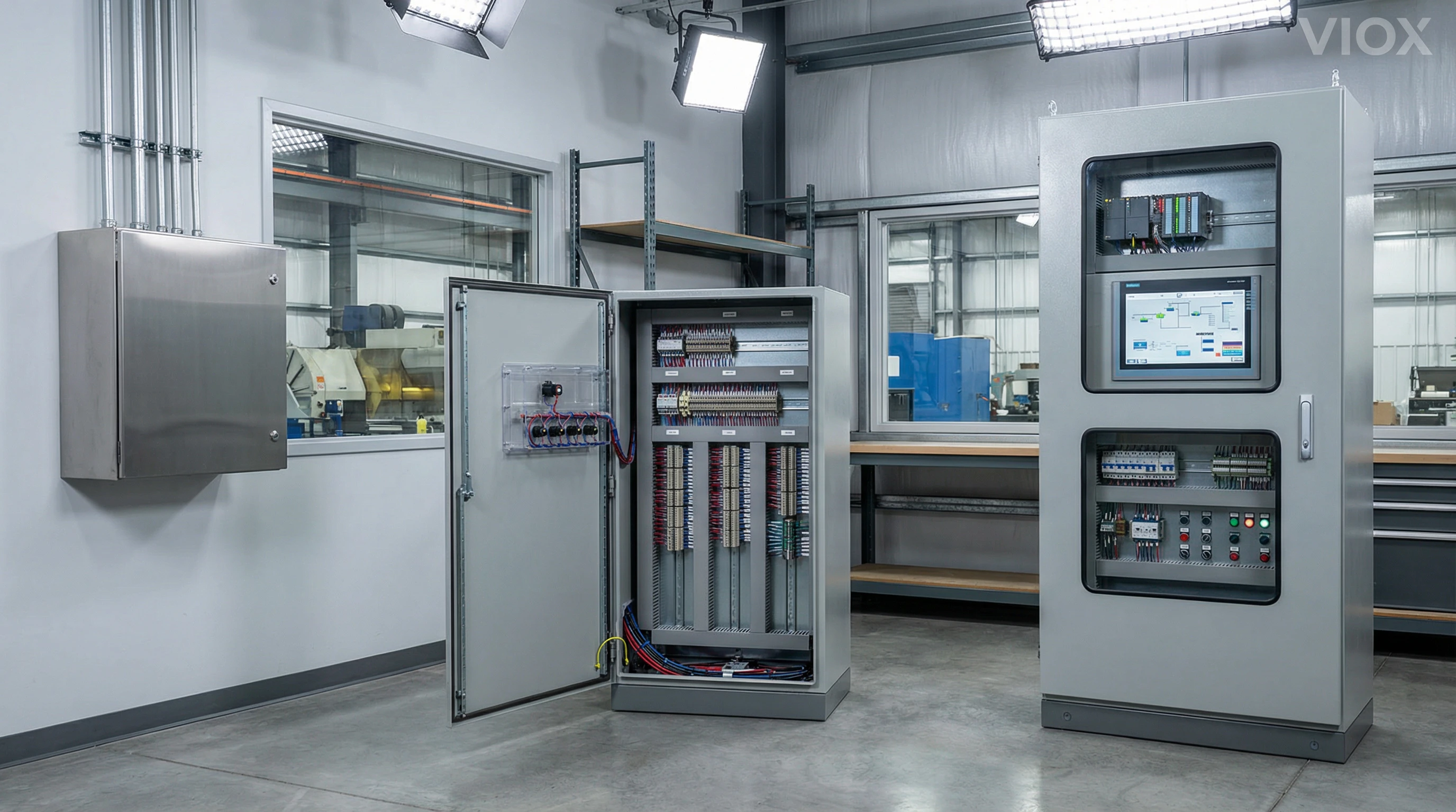 Professzionális ipari fotó háromféle elektromos szekrényről