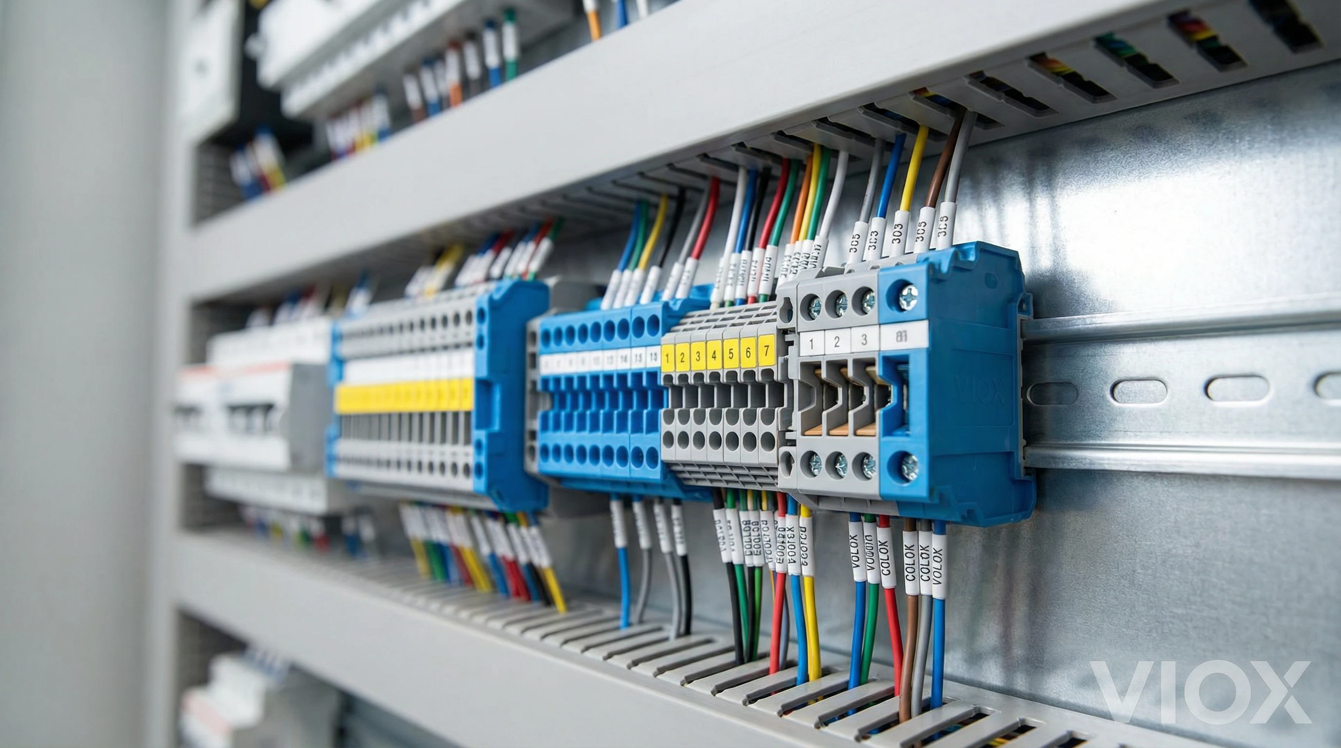Professional industrial photography showing VIOX terminal blocks mounted on DIN rail inside electrical control panel