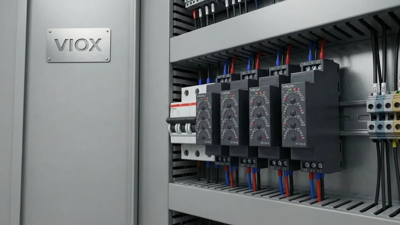 : صورة فوتوغرافية احترافية لمنتجات مرحلات المؤقت VIOX المثبتة على سكة DIN في لوحة التحكم الصناعية، تعرض أجهزة سلسلة FCT18 بمؤشرات LED وعلامة VIOX التجارية، مما يدل على التصنيع عالي الجودة والتركيب الصناعي الاحترافي