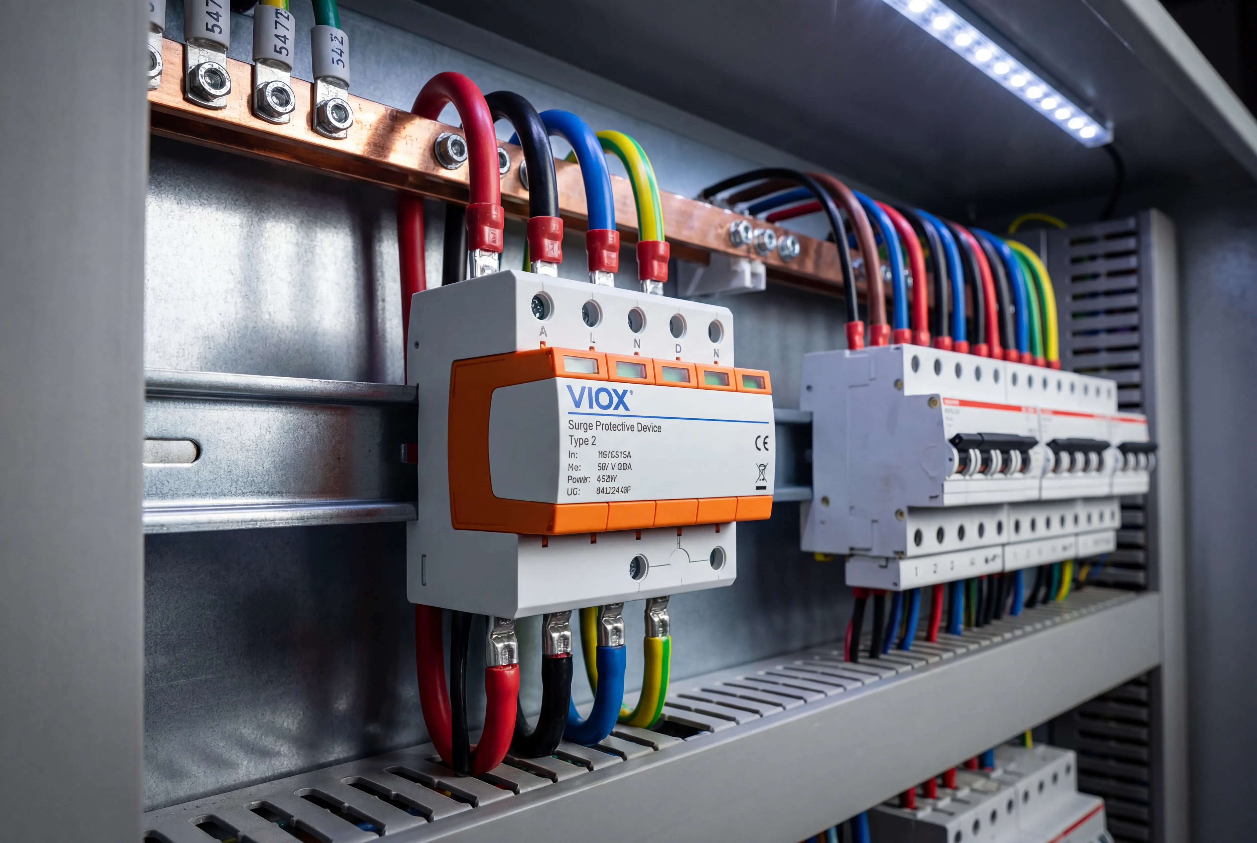 Επαγγελματική εγκατάσταση SPD που δείχνει συσκευή VIOX Type 2 τοποθετημένη σε ράγα DIN με σωστές συνδέσεις βραχέων αγωγών στον ηλεκτρικό πίνακα διανομής