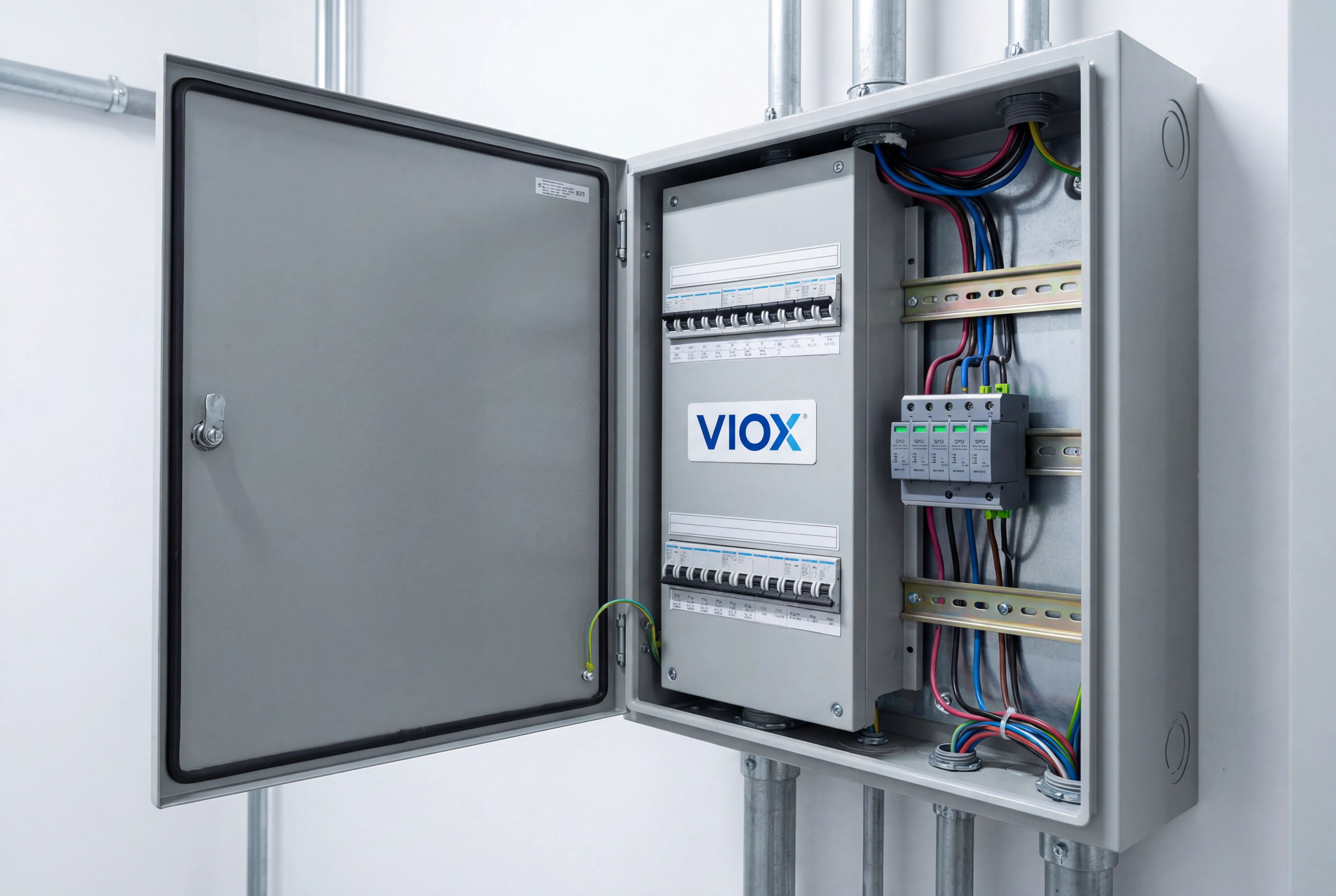 Pemasangan SPD VIOX profesional di panel layanan yang menunjukkan perangkat pelindung lonjakan Tipe 2 yang dipasang pada rel DIN dengan koordinasi pemutus sirkuit yang tepat