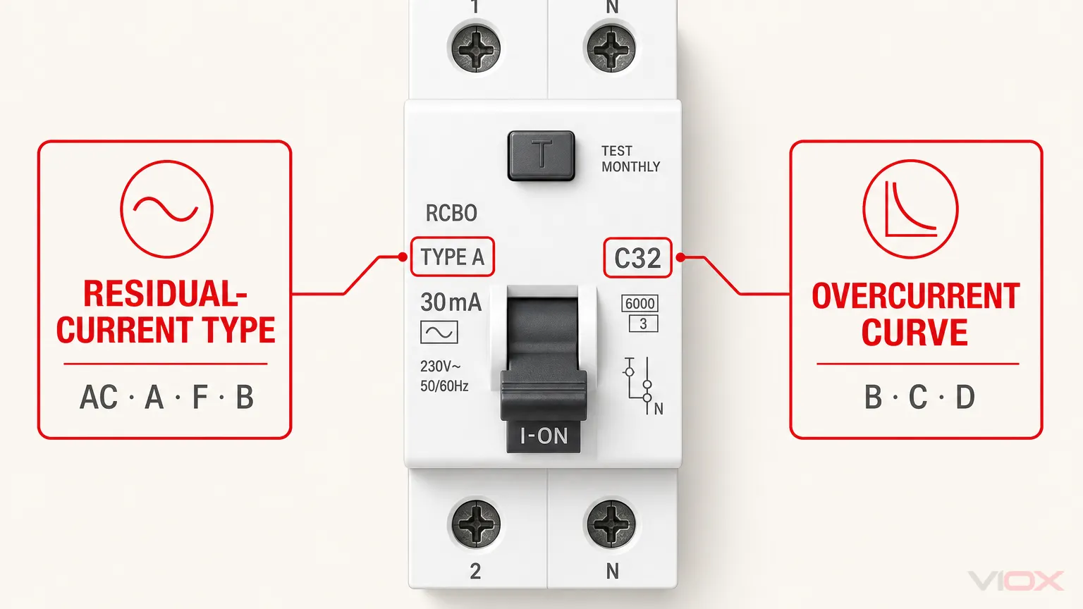 RCBO marking decoder showing residual-current type and overcurrent trip curve as separate specifications