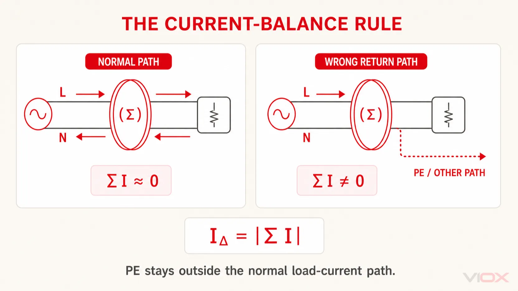 RCBO current-balance rule showing the monitored line and neutral paths with PE outside the normal load-current path