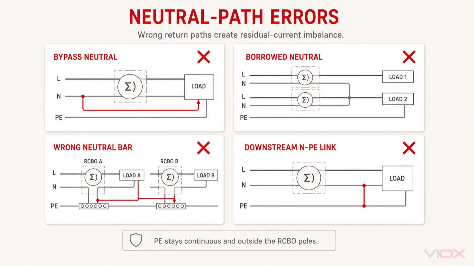 Common RCBO neutral-path errors including bypass neutral, borrowed neutral, wrong neutral bar, and downstream neutral-to-PE connection