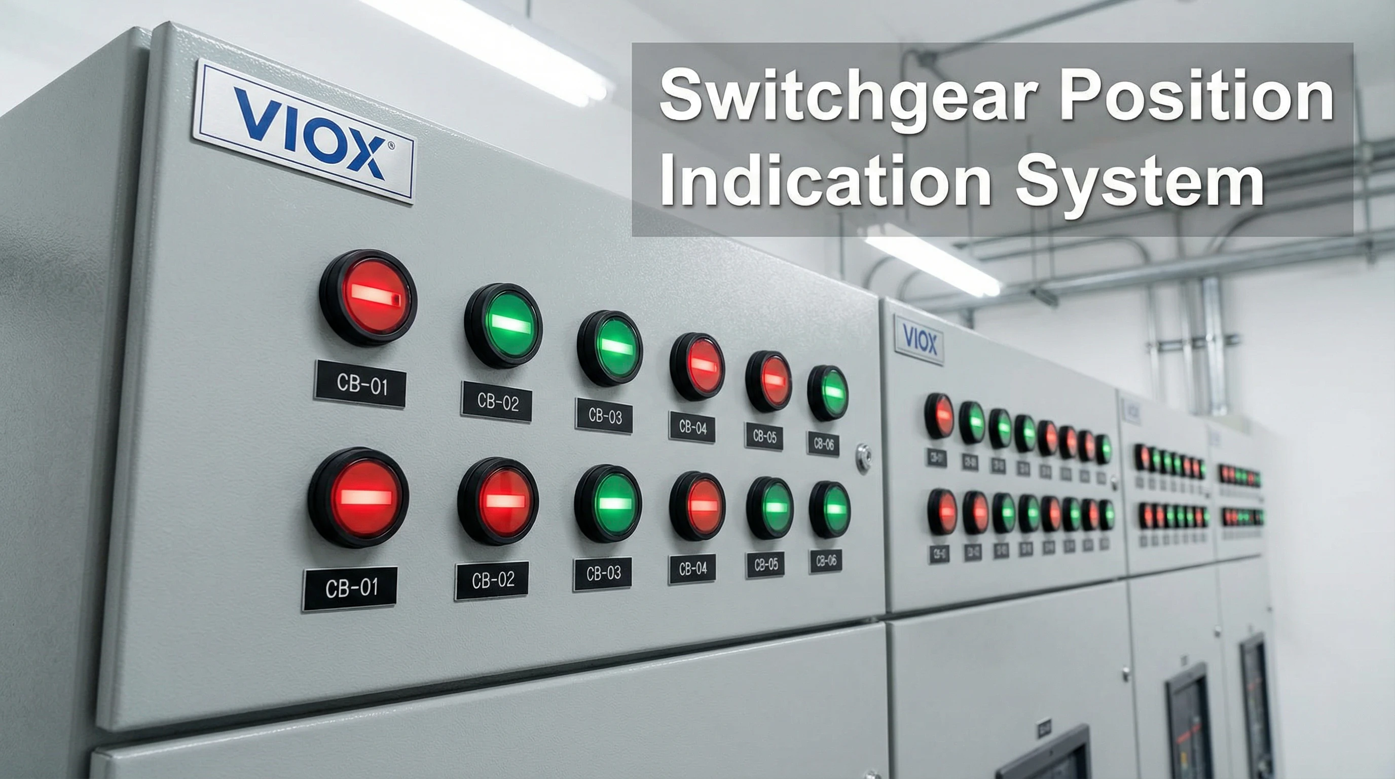 Tủ điện điều khiển thực tế hiển thị nhiều đèn báo hiệu semaphore gắn trên panel 22mm.