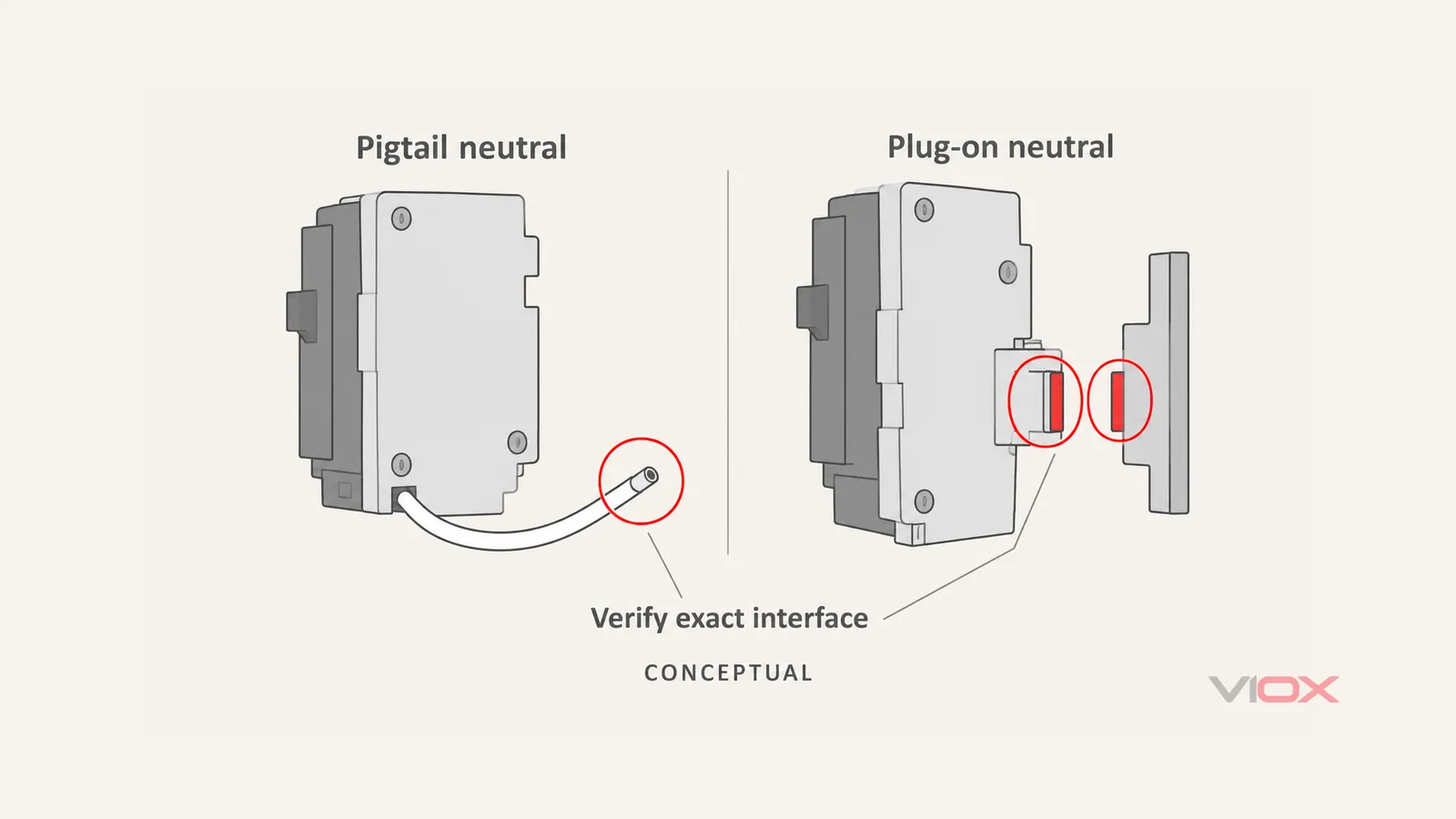 Conceptual comparison of a pigtail-neutral breaker with a loose lead and a plug-on-neutral breaker with a dedicated mating interface