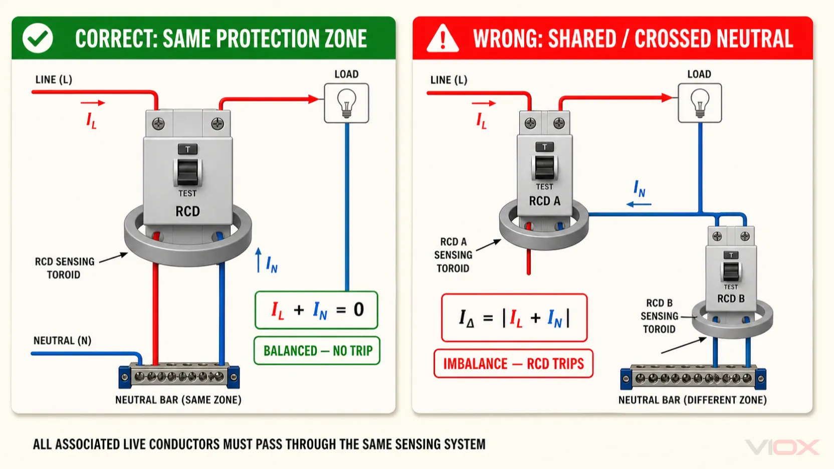 Correct and incorrect neutral current paths through RCDs and RCBOs