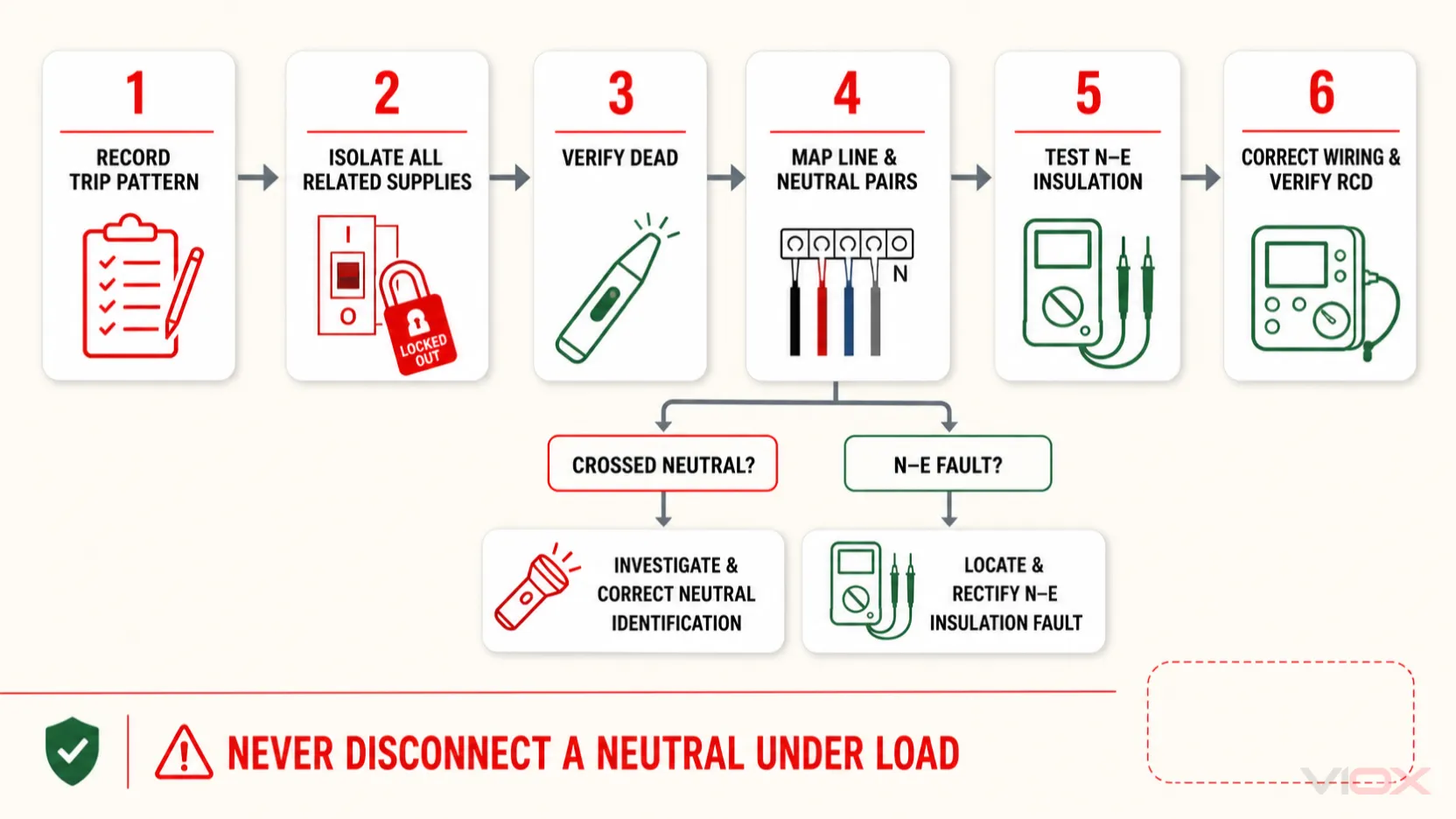 Diagnostic flow for shared neutral RCD and RCBO tripping