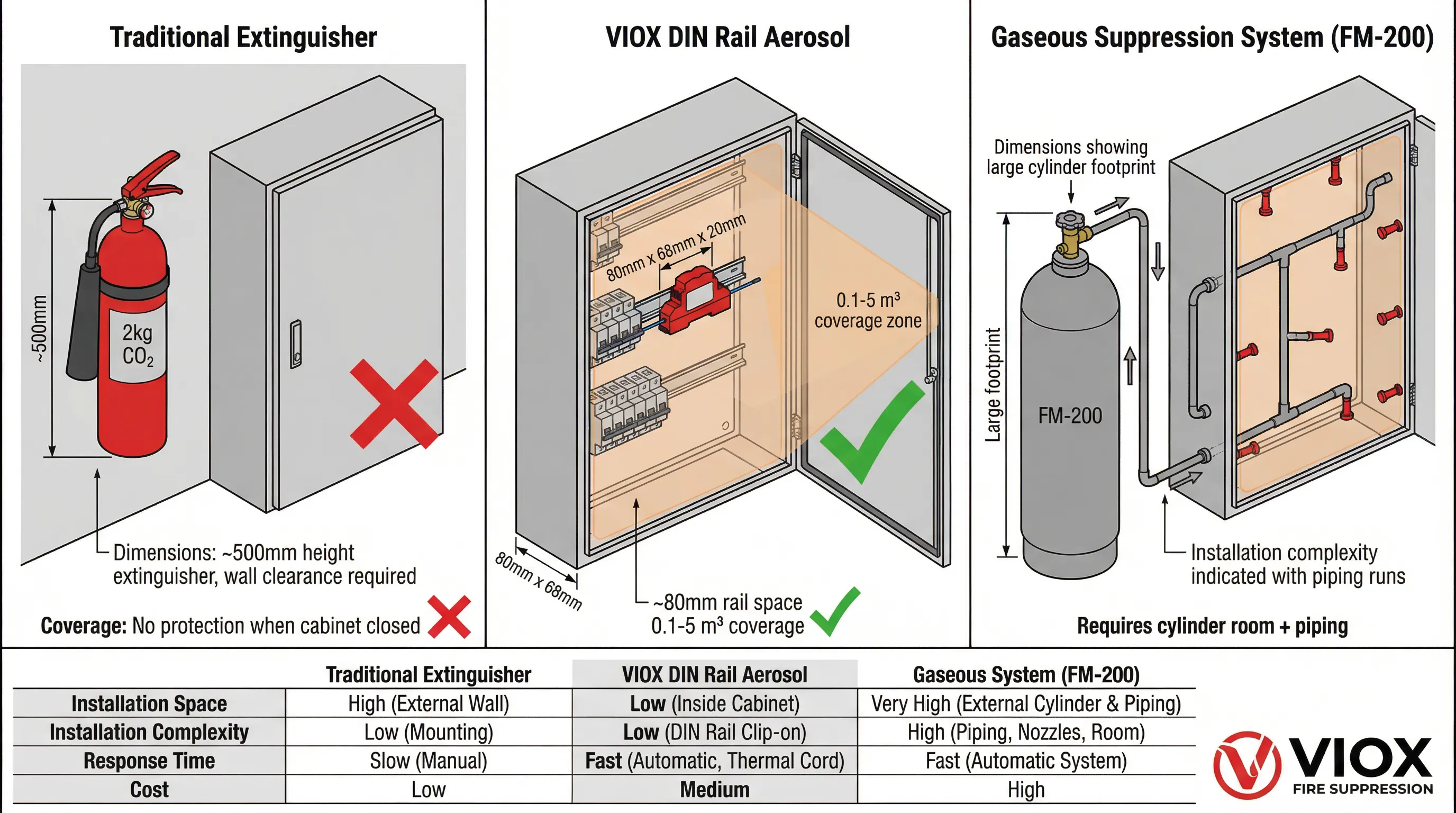 Diagramma di confronto affiancato che mostra l'efficienza dello spazio dell'estintore aerosolico su guida DIN VIOX rispetto all'estintore tradizionale a parete e al sistema di soppressione a gas, evidenziando lo spazio di installazione, l'area di copertura e le differenze di complessità
