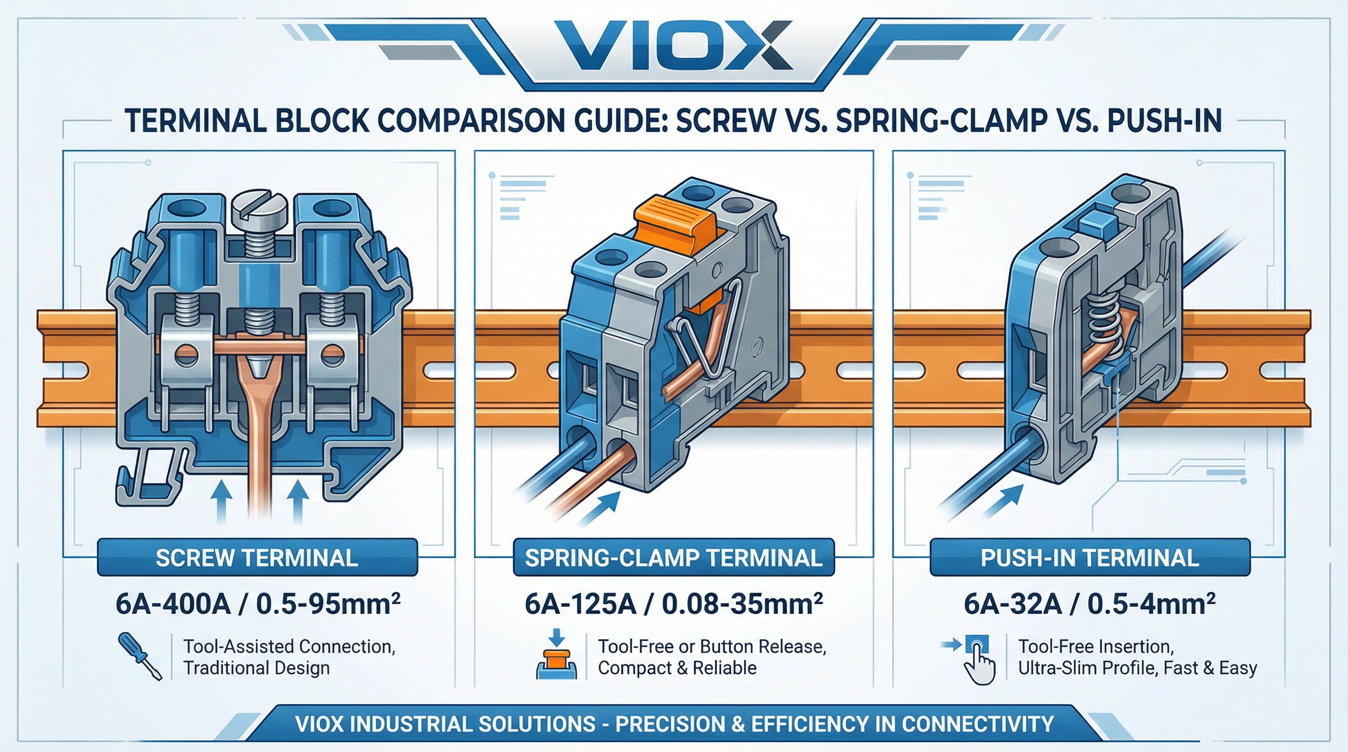 Side-by-side comparison illustration of three terminal block types - screw terminal, spring-clamp terminal, and push-in terminal