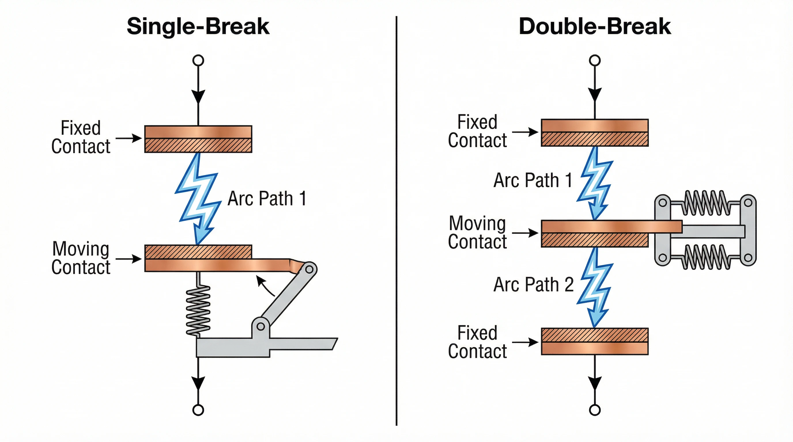 Side-by-side comparison of single-break and double-break MCCB contact configurations