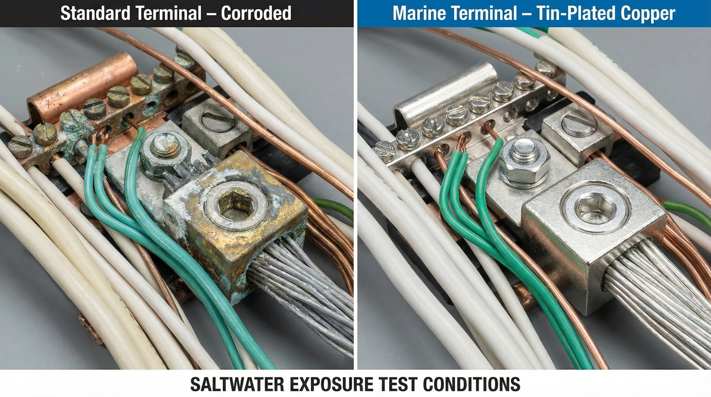 Side-by-side comparison showing corroded standard terminal vs. protected marine-grade terminal