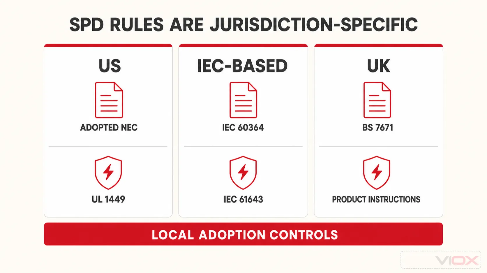 Tableau de correspondance des champs d'application NEC, IEC et BS 7671 pour les exigences d'installation des SPD