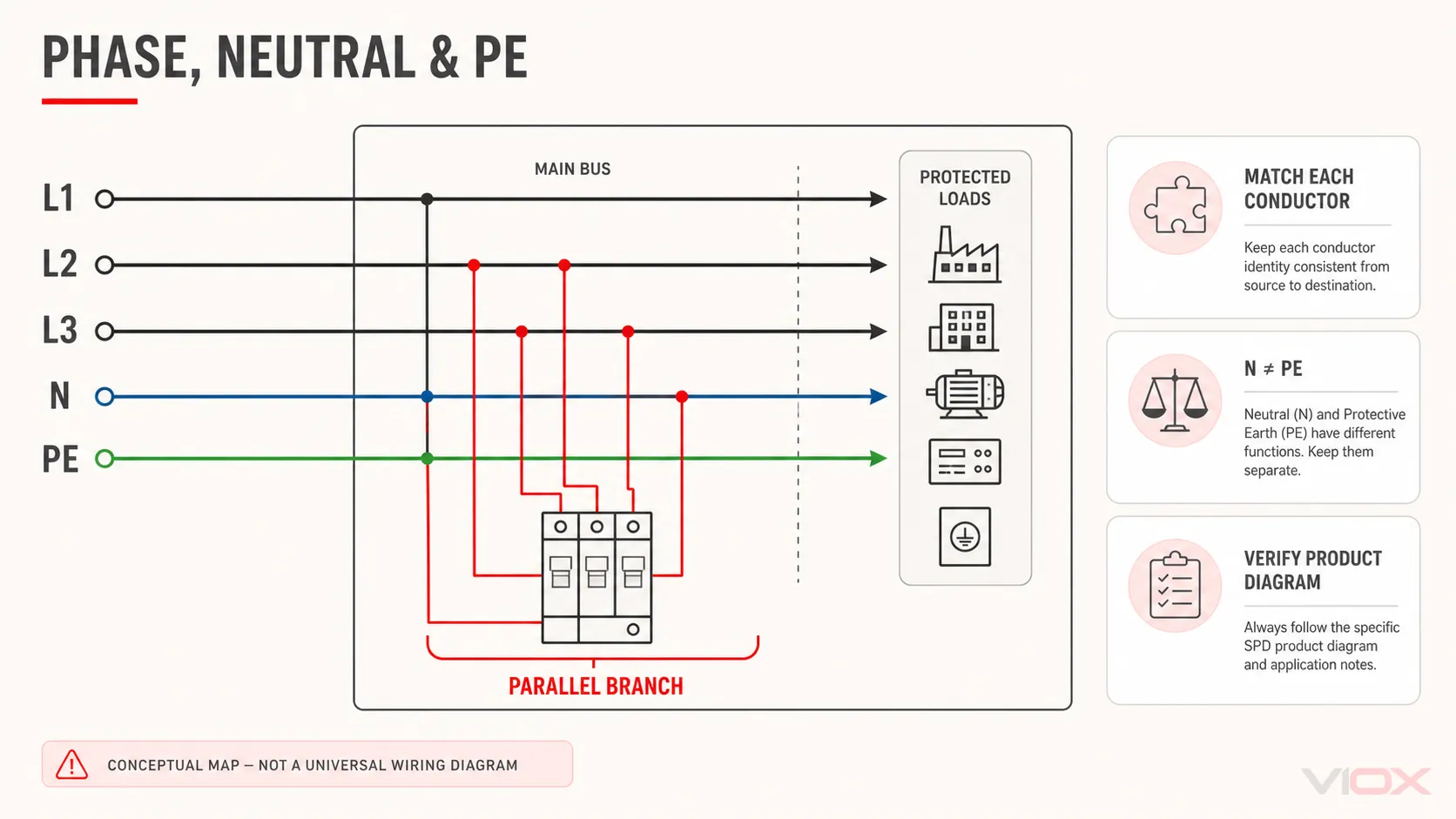 Conceptual SPD phase, neutral and PE connection map with a parallel protection branch.