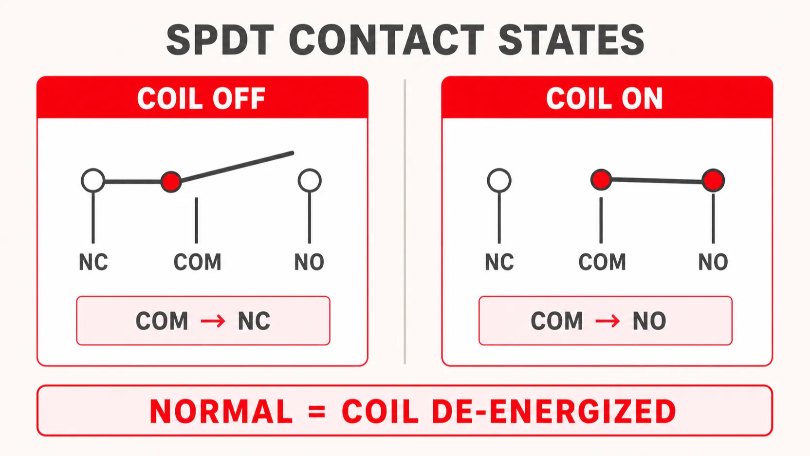 SPDT relay contact states showing COM connected to NC with the coil off and NO with the coil on