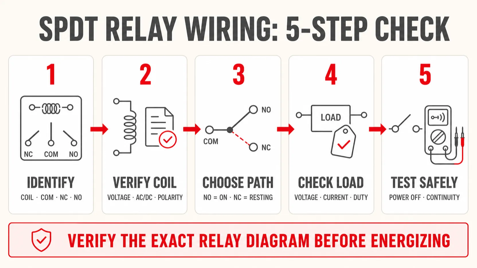 Five-step SPDT relay wiring checklist for terminal identification, coil verification, path selection, load checking and safe testing