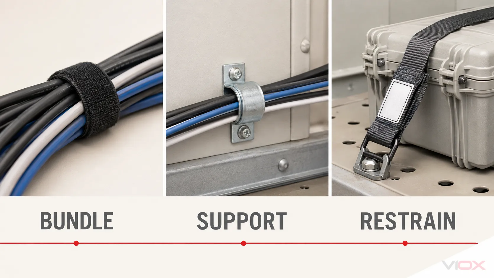 Difference between bundling, mounting, supporting, and restraining cables or equipment