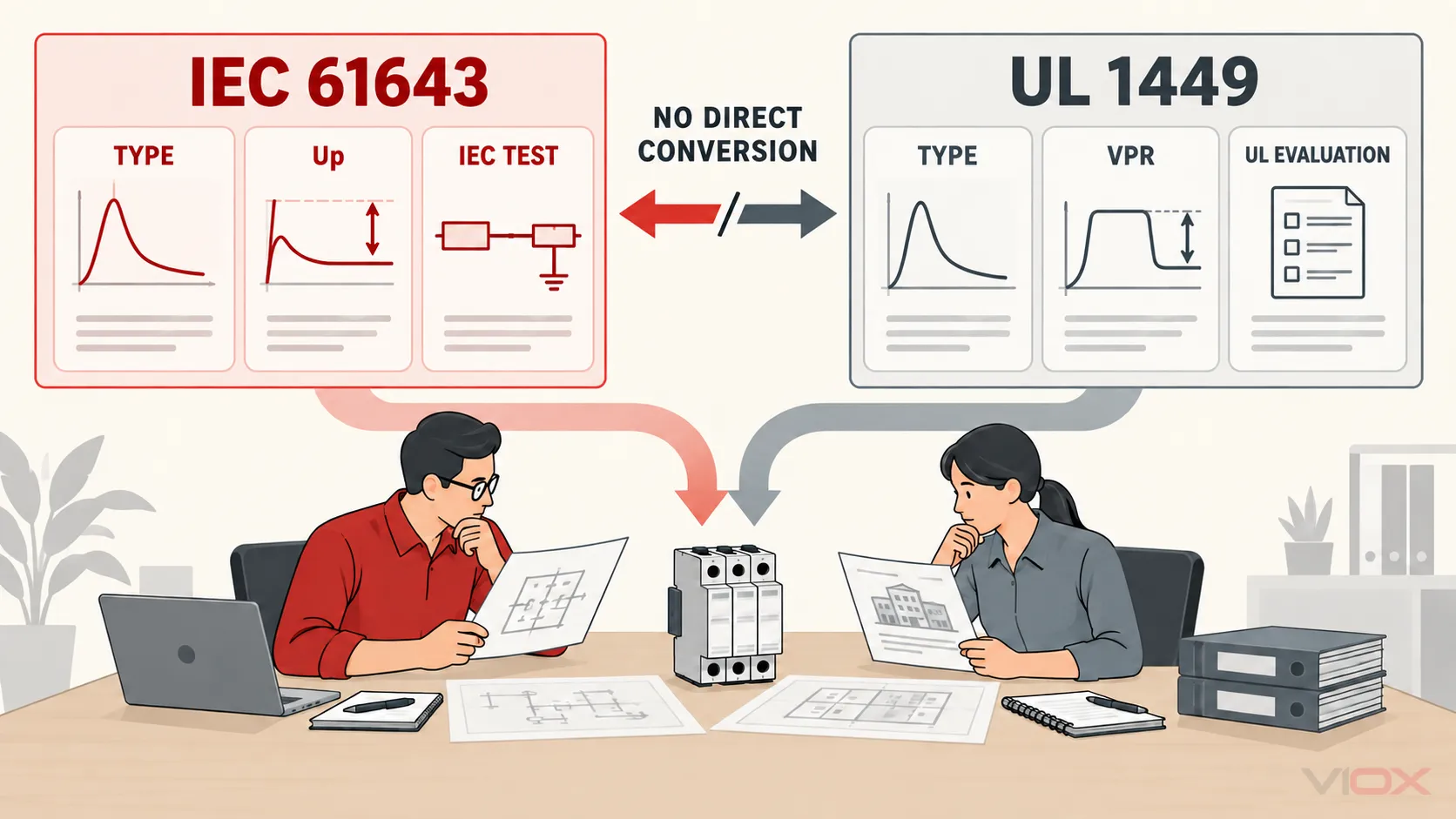 Стандарты IEC 61643 и UL 1449 предусматривают различные пути классификации и оценки характеристик SPD, не имеющие прямого соответствия по типам или номинальному напряжению
