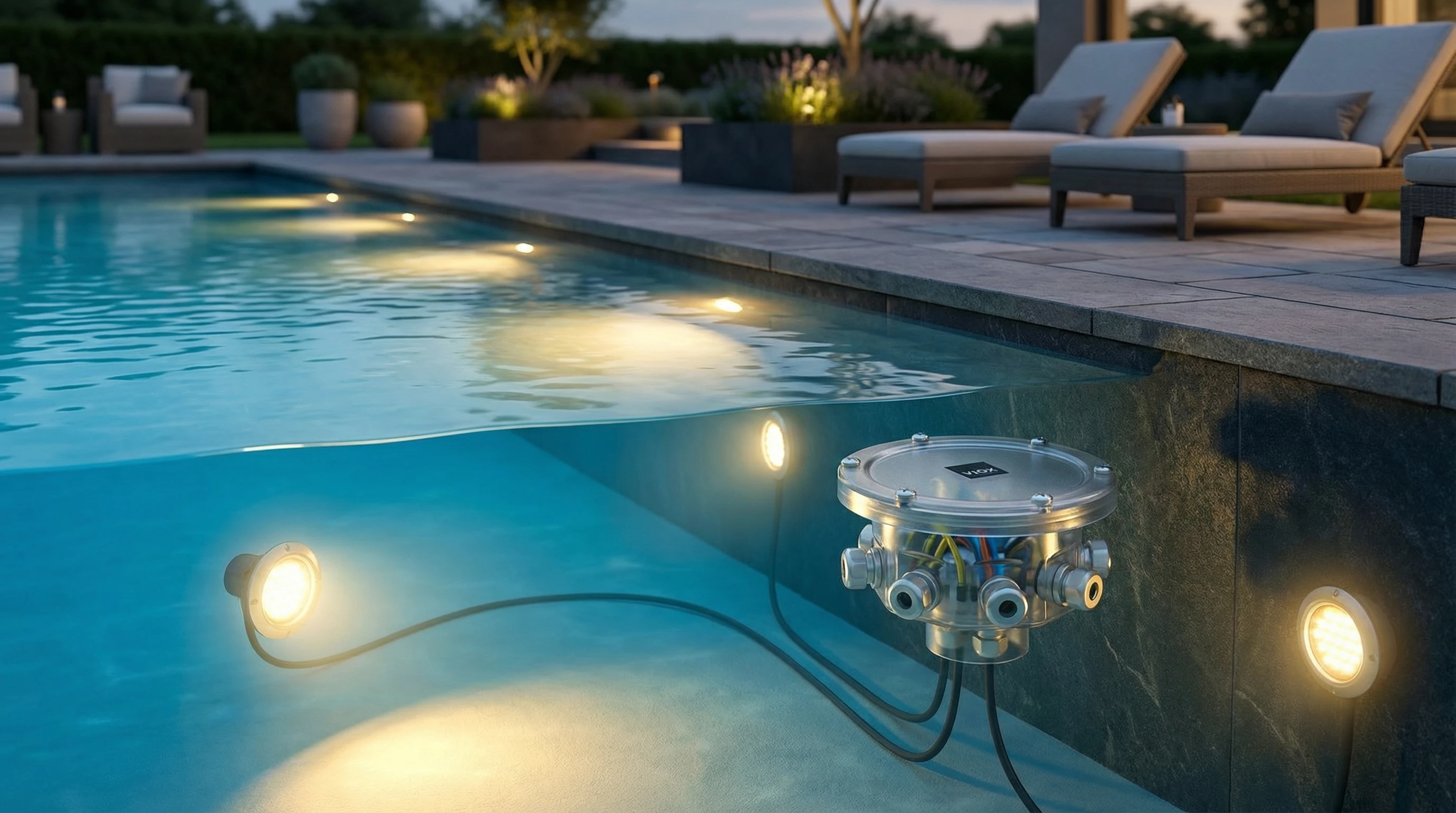 Swimming pool underwater lighting with VIOX IP68 junction box