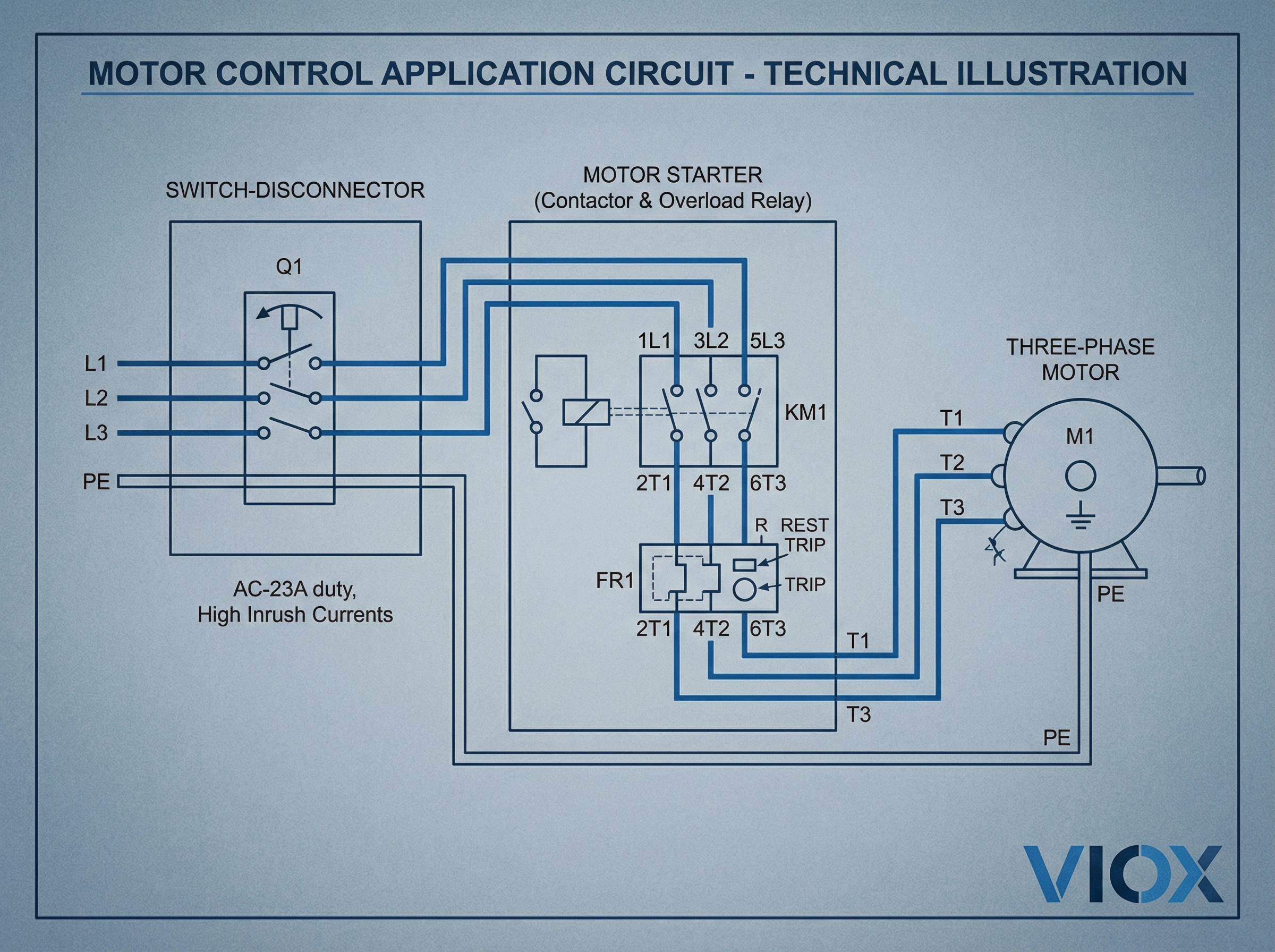 Technischer Schaltplan, der einen Lasttrennschalter in einer Motorsteuerungsanwendung zeigt
