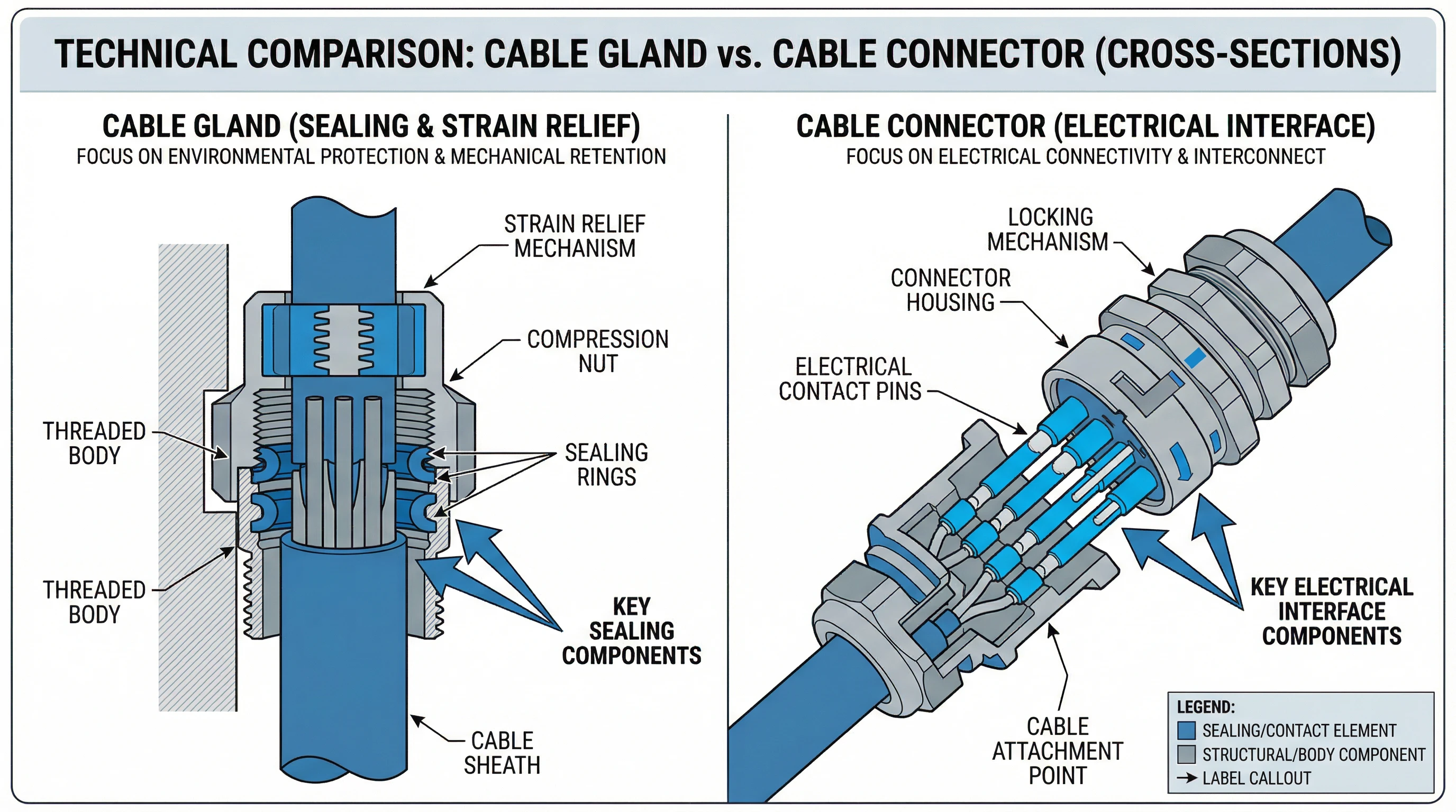 Technical comparison diagram of cable gland vs cable connector