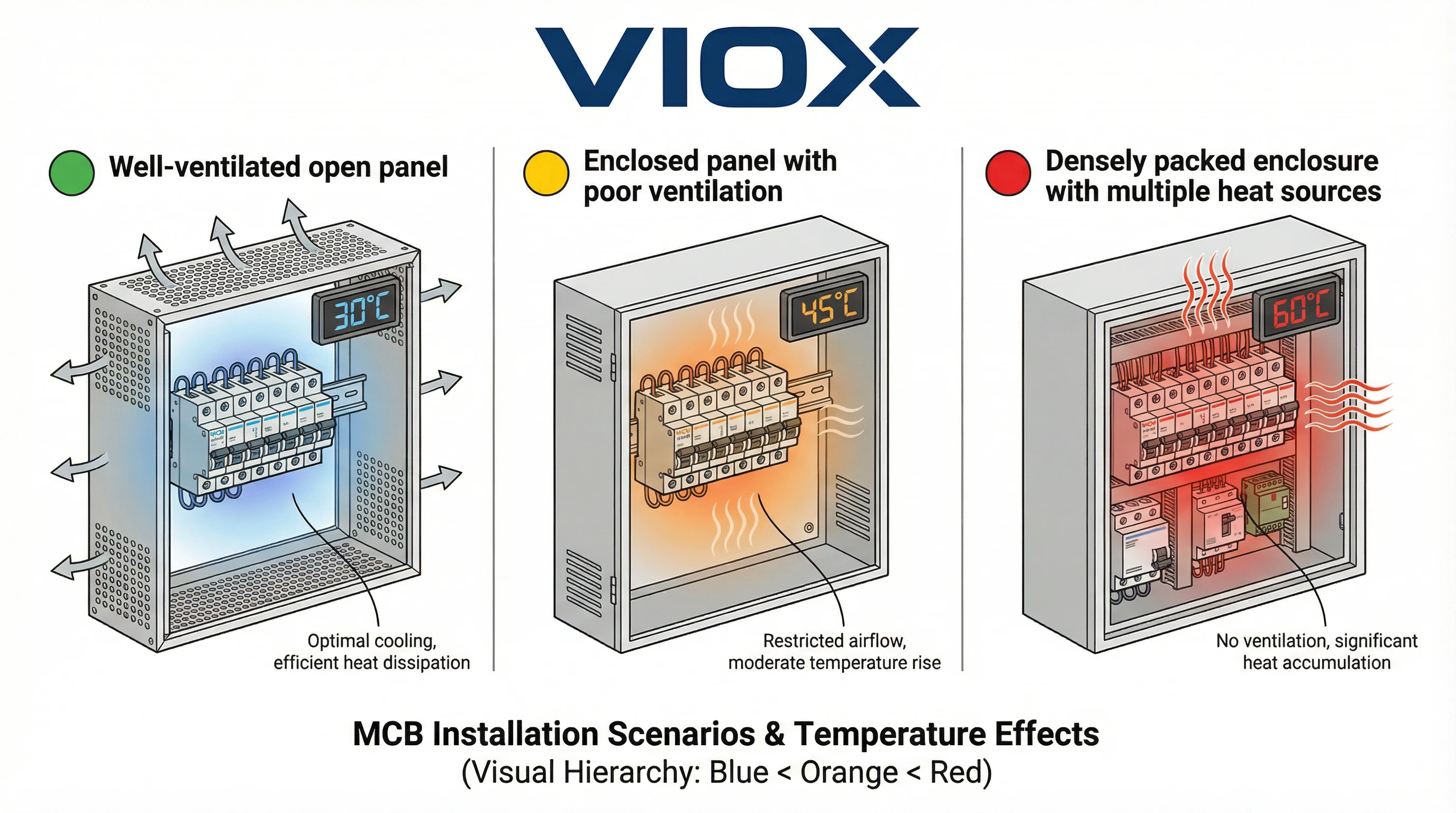 তিনটি MCB ইনস্টলেশন পরিস্থিতি দেখানো প্রযুক্তিগত তুলনা চিত্র - ভাল বায়ুচলাচলযুক্ত প্যানেল (30°C), আবদ্ধ প্যানেল (45°C), এবং ঘনভাবে প্যাক করা আবদ্ধ স্থান (60°C) রঙিন-কোডেড তাপমাত্রা অঞ্চল সহ, VIOX লোগো